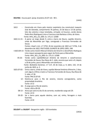 444
DELFINA - Escuna port. (prop. brasileira 25.07-12) - 90 t.
(1443)
1813 - Construída em Viana pelo mestre carpinteiro (ou construtor) Joaquim
José de Azevedo, comprimento 76 palmos, 25 de boca e 13 de pontal,
lote das setenta e duas toneladas, armação «à Escuna», sendo donos
Pedro Roiz (Rodrigues) Lima e Francisco José Barbosa e Silva, de Viana.
Fonte: AHU_ACL_CU_009, Cx. 173, D. 12580
1822.11-15 - A pairar ao largo desde 9, entra a barra do Douro, capitão Amorim,
vinda do Maranhão por Vigo, consignada a Francisco Fernandes de
Sousa.
Fontes: Lloyd´s List, n.º 5754, 26 de novembro de 1822 en.º 5756, 3 de
dezembro de 1822; FRUTUOSO; GUINOTE & LOPES 2001: 248
<1823.04-13 - Tendo como mestre Manuel António de Amorim e donoPedro Rodrigues
Lima requer passaporte para seguir do Porto para o Maranhão.
Fonte: AHU_ACL_CU_009, Cx. 173, D. 12580
05-26 - Tendo como capitãoManuel António de Amorim e caixaFrancisco
Fernandes de Sousa, Rua Nova de S. João, anuncia que sairá a 8, depois
a 20 de junho, para o Maranhão «em direitura».
Fonte: Borboleta Duriense, n.º 117, 26 de maio, p. 4; idem, 132, 14 de
junho de 1823, p. 3.
1825.07-03 - Entra a barra, vinda de Viana, capitão Manoel António d'Amorim, 2 dias,
com alguns chifres e lastro a Francisco Fernandes de Sousa, Rua Nova de
S. João, nº 30.
Fonte: PM 25.07-05
12 - Destina-se para o Rio de Janeiro, mesmo consignatário, como
propriedade brasileira.
Fonte: id 12
16 - À carga para o Rio de Janeiro.
Fonte: id16 a 09-20
08-13 - Avisa que sairá no dia 31 do corrente, recebendo carga até 29.
Fonte: id 13
09-20 - Sai a barra para aquele destino, com sal, vinho, ferragem e mais
fazendas.
Fonte: id 24
DELIGHT ou DILIGHT - Bergantim inglês - 103 toneladas
(1453)
 