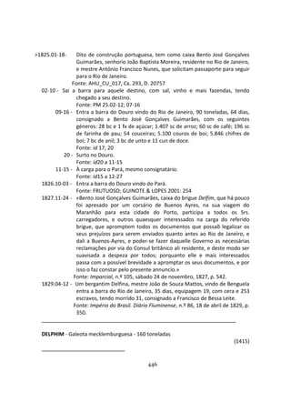 446
>1825.01-18- Dito de construção portuguesa, tem como caixa Bento José Gonçalves
Guimarães, senhorio João Baptista Moreira, residente no Rio de Janeiro,
e mestre António Francisco Nunes, que solicitam passaporte para seguir
para o Rio de Janeiro.
Fonte: AHU_CU_017, Cx. 293, D. 20757
02-10 - Sai a barra para aquele destino, com sal, vinho e mais fazendas, tendo
chegado a seu destino.
Fonte: PM 25.02-12; 07-16
09-16 - Entra a barra do Douro vindo do Rio de Janeiro, 90 toneladas, 64 dias,
consignado a Bento José Gonçalves Guimarães, com os seguintes
géneros: 28 bc e 1 fx de açúcar; 1.407 sc de arroz; 60 sc de café; 196 sc
de farinha de pau; 54 couceiras; 5.100 couros de boi; 5.846 chifres de
boi; 7 bc de anil; 3 bc de unto e 11 cun de doce.
Fonte: id 17; 20
20 - Surto no Douro.
Fonte: id20 a 11-15
11-15 - À carga para o Pará, mesmo consignatário.
Fonte: id15 a 12-27
1826.10-03 - Entra a barra do Douro vindo do Pará.
Fonte: FRUTUOSO; GUINOTE & LOPES 2001: 254
1827.11-24 - «Bento José Gonçalves Guimarães, caixa do brigue Delfim, que há pouco
foi apresado por um corsário de Buenos Ayres, na sua viagem do
Maranhão para esta cidade do Porto, participa a todos os Srs.
carregadores, e outros quaesquer interessados na carga do referido
brigue, que apromptem todos os documentos que possaõ legalizar os
seus prejuízos para serem enviados quanto antes ao Rio de Janeiro, e
dali a Buenos-Ayres, e poder-se fazer daquelle Governo as necessárias
reclamações por via do Consul britânico ali residente, e deste modo ser
suavisada a despeza por todos; porquanto elle e mais interessados
passa com a possível brevidade a apromptar os seus documentos, e por
isso o faz constar pelo presente annuncio.»
Fonte: Imparcial, n.º 105, sábado 24 de novembro, 1827, p. 542.
1829.04-12 - Um bergantim Delfina, mestre João de Souza Mattos, vindo de Benguela
entra a barra do Rio de Janeiro, 35 dias, equipagem 19, com cera e 253
escravos, tendo morrido 31, consignado a Francisco de Bessa Leite.
Fonte: Império do Brasil. Diário Fluminense, n.º 86, 18 de abril de 1829, p.
350.
DELPHIM - Galeota mecklemburguesa - 160 toneladas
(1415)
 