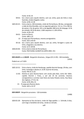 448
Fonte: id 10; 14
09-01 - Sai a barra para aquele destino, com sal, vinho, pano de linho e mais
fazendas, tendo chegado a salvo.
Fonte: id 04; 12-28
1825.03-25 - Entra a barra, 138 toneladas, vindo de Pernambuco, 48 dias, consignado
a João da Silva Brandão, com os seguintes géneros: 111 cx, 5 fx e 965 bc
de açúcar; 2 bc de goma; 101 sc de algodão; 406 toros de tatajuga; 12 tb
de costado; 20 CX de doce; 1.664 vaquetas e 1.194 chifres.
Fonte: id 26 e 29
04-01 - Surto no Douro.
Fonte: id05 a 12
12 - À carga para Pernambuco, mesmo consignatário.
Fonte: id12 a 05-03
05-16 - Sai a barra para aquele destino, com sal, vinho, ferragem e pano de
linho, chegando a seu destino.
Fonte: id 17; 09-06
1826.03-06 - Entra a barra vindo do Pernambuco.
Fonte: FRUTUOSO; GUINOTE & LOPES 2001: 251
DER ADLER ou só ADLER - Bergantim dinamarq. ; brigue (25.11-05) - 146 toneladas
(1454)
Poderá ser o nº 1025
1825.10-31 - Entra a barra, vindo de Hamburgo, capitão Henrick George, 29 dias, com
linho, manteiga e aduela a C. & M. Guerner & Comp..
Fonte: PM 25.11-01
11-05 - Destina-se para Buenos-Ayres com escala pela Baía, como Der Adler,
capitão Henrick J. Frees, a sair até 25 do corrente, mesmos
consignatários e corretor José Vieira da Costa Peixoto Júnior, Rua Nova
dos Ingleses, nº 15 e 16.
Fonte: id 05; 08 a 15
15 - À carga para Buenos-Ayres.
Fonte: id15 a 12-37
DER GREIFF - Bergantim prussiano - 126 toneladas
(1408)
1824.01-28 - Apresenta-se fora da barra, vindo de Vigo,capitão J. J. Schmidt, 8 dias,
com trigo a VanZellers & Comp., tendo-se retirado.
 