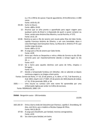 458
cx, 2 fx e 294 bc de açúcar; 9 pp de aguardente; 24 tb diferentes e 1.000
cocos.
Fonte: id 05-01; 05
05-04 - Surto no Douro.
Fonte: id08 a 10-02
15 - Anuncia que se acha pronto e aparelhado para seguir viagem para
qualquer porto do Brasil e à disposição de quem o quiser comprar ou
fretar, sendo caixa António Dias Moreira, rua da Pocinha, nº 372.
Fonte: id 15; 19
10-06 - Destina-se para o Rio de Janeiro com escala pelas Ilhas de Cabo Verde,
capitão Francisco António de Oliveira, a sair com brevidade; dono e
caixa Domingos José Gonçalves Viana, rua Nova de S. António nº 47, que
recebe carga da praça.
Fonte: id06 a 12-15
09 - À carga para o Rio de Janeiro por Cabo Verde.
Fonte: id 09
11-27 - Avisa que «fecha os Despachos e retira a Mala do Correio no dia 28 do
corrente para sair impreterivelmente (dando o tempo lugar) no dia
29...».
Fonte: id 27
12-12 - Sai a barra para aqueles destinos com pano de linho, chapéus e
ferragem.
Fonte: id 15
27 - Devido a tempestade fundeou em Gibraltar, não se sabendo se depois
continuou viagem e se chegou a bom porto.
Fontes: Correio do Porto, n.º 19, 22 de janeiro, p. 4; idem, n.º 33, 7 de fevereiro, p.
4,de 1822; Lloyd´s List n.º 5667, 25 de janeiro de 1822;Gazeta de Lisboa,
n.º 16, 19 de janeirode 1826, p. 64.
1826.--- - -- - Uma escuna ou sumaca com este nome foi apreendida por uma
embarcação inglesa por andar no tráfico de escravos.
Fonte: RODRIGUES, 2000: 174
DIANA - Bergantim sueco - 106 toneladas
(1129)
1821.06-19 - Entra a barra vindo de Estocolmo por Elseneur, capitão S. Strandberg, 42
dias, com ferro, aço e madeira a Nicolau Copque & Filhos.
Fonte: FM 21.06-23
07-03 - À carga para Stockholm, por Setúbal, mesmos consignatários.
Fonte: id 03
05 - Sai a barra para Setúbal, em lastro.
 