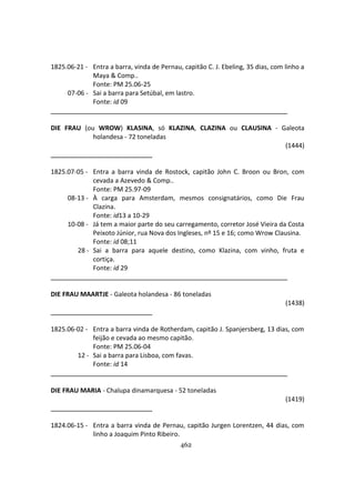 462
1825.06-21 - Entra a barra, vinda de Pernau, capitão C. J. Ebeling, 35 dias, com linho a
Maya & Comp..
Fonte: PM 25.06-25
07-06 - Sai a barra para Setúbal, em lastro.
Fonte: id 09
DIE FRAU (ou WROW) KLASINA, só KLAZINA, CLAZINA ou CLAUSINA - Galeota
holandesa - 72 toneladas
(1444)
1825.07-05 - Entra a barra vinda de Rostock, capitão John C. Broon ou Bron, com
cevada a Azevedo & Comp..
Fonte: PM 25.97-09
08-13 - À carga para Amsterdam, mesmos consignatários, como Die Frau
Clazina.
Fonte: id13 a 10-29
10-08 - Já tem a maior parte do seu carregamento, corretor José Vieira da Costa
Peixoto Júnior, rua Nova dos Ingleses, nº 15 e 16; como Wrow Clausina.
Fonte: id 08;11
28 - Sai a barra para aquele destino, como Klazina, com vinho, fruta e
cortiça.
Fonte: id 29
DIE FRAU MAARTJE - Galeota holandesa - 86 toneladas
(1438)
1825.06-02 - Entra a barra vinda de Rotherdam, capitão J. Spanjersberg, 13 dias, com
feijão e cevada ao mesmo capitão.
Fonte: PM 25.06-04
12 - Sai a barra para Lisboa, com favas.
Fonte: id 14
DIE FRAU MARIA - Chalupa dinamarquesa - 52 toneladas
(1419)
1824.06-15 - Entra a barra vinda de Pernau, capitão Jurgen Lorentzen, 44 dias, com
linho a Joaquim Pinto Ribeiro.
 