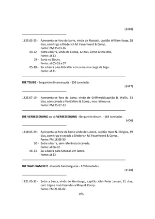 465
(1428)
1825.03-25 - Apresenta-se fora da barra, vinda de Rostock, capitão William Koop, 28
dias, com trigo a Diederich M. Feuerheerd & Comp..
Fonte: PM 25.03-26
04-22 - Entra a barra, vinda de Lisboa, 12 dias, como acima dito.
Fonte: id 23
29 - Surta no Douro.
Fonte: id 05-03 a 07
05-18 - Sai a barra para Gibraltar com a mesma carga de trigo.
Fonte: id 21
DIE TOUBE - Bergantim dinamarquês - 136 toneladas
(1447)
1825.07-19 - Apresenta-se fora da barra, vindo de Griffswald,capitão B. Wallis, 33
dias, com cevada a VanZellers & Comp., mas retirou-se.
Fonte: PM 25.07-23
DIE VERBESSERUNG ou só VERBESSERUNG - Bergantim dinam. - 164 toneladas
(406)
1818.05-29 - Apresenta-se fora da barra vindo de Lubeck, capitão Hans N. Elingius, 49
dias, com trigo e cevada a Diederich M. Feuerheerd & Comp..
Fonte: FM 18.05-30
30 - Entra a barra, sem referência à cevada.
Fonte: id 06-02
06-23 - Sai a barra para Setúbal, em lastro.
Fonte: id 23
DIE WACHSAM KEIT - Galeota hamburguesa - 120 toneladas
(1128)
1821.05-31 - Entra a barra, vinda de Hamburgo, capitão John Peter Jansen, 31 dias,
com trigo e mais fazendas a Maya & Comp..
Fonte: FM 21.06-02
 