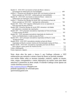 5
Quadro X - 1818-1825: movimento na barra do Douro: número e
percentagem de embarcações por nacionalidades……………………………….. 699
Gráfico 2 - Primeiras três décadas do século XIX: movimento na barra do
Douro centrado em 1818-1825 - embarcações por nacionalidades…………....... 700
Quadro XI - 1818-1825: movimento na barra do Douro - número de
embarcações por tipologias e nacionalidades…………………………………… 701
Gráfico 3 - Primeiras três décadas do século XIX: movimento na barra do
Douro centrado em 1818-1825 – tipologia das embarcações…………………… 703
Quadro XII - 1818 e 1825: algumas embarcações novas ou reparadas da
frota mercantil da praça do Porto………………………………………………… 704
Quadro XIII - Primeiras décadas do século XIX: artesanias e atividades
pré-industriais a montante das exportações……………………………………… 706
Quadro XIV - 1818: principais mercadorias importadas do Norte da Europa
à venda na praça do Porto………………………………………………………… 707
Quadro XV - 1818: principais mercadorias importadas da América do
Norte e do Mediterrâneo à venda na praça do Porto…………………………….. 708
Quadro XVI - 1818: principais mercadorias importadas do Brasil à venda
na praça do Porto………………………………………………………………… 709
Quadro XVII - 1818-1825: mercadorias entradas na barra do Douro
importadas do Brasil e restante América do Sul destinadas à praça do Porto…… 710
Quadro XVIII - 1818-1825: mercadorias exportadas pela barra do Douro
para o Brasil e outros portos da América do Sul………………………………… 712
Fontes e Bibliografia …………………………………………………………………….715
Fontes impressas e digitais……………………………………………………………….728
Nota: desta obra faz parte o Anexo I, um Catálogo referente a 1852
embarcações que entraram e saíram a barra do Douro no período estudado
com muitos dados sobre as mesmas (armador, estaleiro, capitão ou mestre,
rotas, cargas, consignatários e outras indicações) em muitos casos para datas
anteriores e posteriores às deste estudo. O referido Catálogo existe apenas em
versão eletrónica acessível em:
https://academiaecadequeiros.blogspot.com
podendo igualmente ser solicitado para:
queirosiana@gmail.com
 