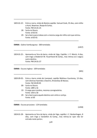 508
1825.01-22 - Entra a narra, vinda de Boston,capitão: Samuel Cook, 35 dias, com milho
a Hunt, Newman, Roope & Comp..
Fonte: PM 25.01-25
28 - Surta no Douro.
Fonte: id 02-01
29 - Sai a barra para Lisboa com a mesma carga de milho com que entrou.
Fonte: id 02-01
EMMA - Galera hamburguesa - 300 toneladas
(1457)
1824.01-25 - Apresenta-se fora da barra, vinda de Vigo, Capitão: J. P. Marck, 4 dias,
com trigo a Diederich M. Feuerheerd & Comp., mas retirou-se e seguiu
outro destino.
Fonte: PM 24.01-27
EMMA - Escuna inglesa - 109 toneladas
(845)
1820.09-03 - Entra a barra vinda de Liverpool, capitão Matheus Courteney, 13 dias,
com diversas fazendas a Swanns, Knowsleys & Nassau.
Fonte: FM 20.09-05
09 - Surta no Douro.
Fonte: id09 a 16
19 - À carga para Londres, mesmos consignatários.
Fonte: id19 a 30
29 - Sai a barra para aquele destino com vinho e cortiça.
Fonte: id 30
EMMA - Escuna prussiana - 124 toneladas
(1458)
1824.01-28 - Apresenta-se fora da barra, vinda de Vigo, capitão J. C. Bockenhagen, 8
dias, com trigo a VanZellers & Comp., mas retirou-se «por não ter
entrada neste porto».
 