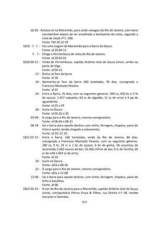 514
10-26 - Achava-se no Maranhão, para onde navegou do Rio de Janeiro, com dano
considerável depois de ter encalhado a barlavento da costa, segundo a
Lista de Lloyd nº 5. 240.
Fonte: FM 18.12-29
1819. ?- ? - Fez uma viagem do Maranhão para a Barra do Douro.
Fonte: id 20.04-11
?- ? - Chega a Pernambuco de volta do Rio de Janeiro.
Fonte: id 20.02-01
1820.04-11 - Vinda de Pernambuco, capitão António José de Sousa Júnior, arriba ao
porto de Vigo.
Fonte: id 04-15
17 - Divisa-se fora da barra.
Fonte: id 18
18 - Apresenta-se fora da barra 200 toneladas, 70 dias, consignada a
Francisco Machado Peixoto.
Fonte: id 22
24 - Entra a Barra, 76 dias, com os seguintes géneros: 309 cx, 410 bc e 3 fx
de açúcar; 1.657 vaquetas; 64 sc de algodão; 11 sc de arroz e 4 pp de
aguardente.
Fonte: id 25 e 29
28 - Surta no Douro.
Fonte: id 05-02 a 30
03-06 - À carga para o Rio de Janeiro, mesmo consignatário.
Fonte: id 06-03 a 08-15
08-18 - Sai a barra para aquele destino com vinho, ferragem, chapéus, pano de
linho e azeite, tendo chegado a salvamento.
Fonte: id 19; 12-16
1821.07-12 - Entra a barra, 160 toneladas, vinda do Rio de Janeiro, 84 dias,
consignada a Francisco Machado Peixoto, com os seguintes géneros:
180 cx, 9 fx, 29 cr e 1 bc de açúcar; 6 bc de goma, 36 couceiras de
Jacarandá; 5.065 couros de boi; 10.366 chifres de boi; 9 sc de farinha; 26
sc de café e 843 sc de arroz.
Fonte: id 14
20 - Surta no Douro.
Fonte: id24 a 08-18
21 - À carga para o Rio de Janeiro, mesmo consignatário.
Fonte: id21 a 12-08
12-06 - Sai a barra para aquele destino, com vinho, ferragem, chapéus, pano de
linho e bacalhau.
Fonte: id 08
1822.03-15 - A sair do Rio de Janeiro para o Maranhão, capitão António José de Sousa
Júnior, consignatária Penna Viuva & Filhos, rua Direita n.º 38, recebe
escravos e fazendas.
 