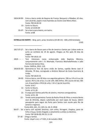 522
1824.04-09 - Entra a barra vindo de Bayona de França, Barquero e Ribadeo, 62 dias,
com alcatrão, papel e mais fazendas ao mestre José Maria Alves.
Fonte: PM 24.04-10
13 - Surto no Douro.
Fonte: id 13.05-04
05-07 - Sai a barra para Aveiro, em lastro.
Fonte: id 08
ESTRELLA DO NORTE – Berg. port.; prop. brasileira (25.08-13) - 100 a 250 toneladas
(110)
1817.07-27 - Sai a barra do Douro para o Rio de Janeiro e Santos por Lisboa onde se
junta ao comboio de 14 de agosto. Chegou ao Rio após 43 dias de
viagem.
Fonte: FM 18.01-10
1818 -- -- - Tem interesses nesta embarcação João Baptista Moreira,
conjuntamente com J. B. Machado, Francisco MachadoPeixoto e João
Ferreira do Santos Silva.
Fonte: CAPELA, 2012: 119.
1818.03-30 - Apresenta-se fora da barra vindo de Santos, capitão Bento José d'
Almeida, 79 dias, consignado a António Manuel da Costa Guerreiro &
Irmão.
Fonte: FM 18.03-31
04-02 - Entra a barra, com 82 dias e os seguintes géneros: 196 cx, 6 fx e 4 cun de
açúcar; 453 sc de arroz; 2 sc de café; 200 chifres; 391 couros de boi; 301
cun, 8 quartolas e 39 bl de unto; 1 bl e 2 pp de toucinho.
Fonte: id 4;7
11 - Surto no Douro.
Fonte: id 11;18
21 - À carga para Santos pelo Rio de Janeiro, mesmos consignatários.
Fonte: id 21; 28
23 - Tendo como proprietário Tomás da Rocha Pinto & Filhos e mestre Bento
José de Almeida, depois substituído por José Lopes de Sousa, obtém
passaporte para seguir do Porto para Santos com escala pelo Rio de
Janeiro e regresso.
Fonte:AHU_ACL_CU_023, Cx. 64, D. 4918
06-07 - Sai a barra com aqueles destinos, com vinho, ferragem, chapéus, pano de
linho e louça, tendo chegado a salvamento a ambos os destinos.
Fonte: FM 18.06-09; 09-19; 11-10
07-30 - Chega a Santos.
Fonte: Lloyd´s List, n.º 5321, 6 de outubro 1818.
 