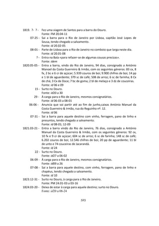 523
1819. ?- ? - Fez uma viagem de Santos para a barra do Douro.
Fonte: FM 20.04-11
07-25 - Sai a barra para o Rio de Janeiro por Lisboa, capitão José Lopes de
Sousa, tendo chegado a salvamento.
Fonte: id 20.02-05
08-01 - Parte de Lisboa para o Rio de Janeiro no comboio que larga neste dia.
Fonte: id 20.01-08
? - Entra na Baía «para refazer-se de algumas cousas precizas».
Fonte: idem
1820.05-05 - Entra a barra, vindo do Rio de Janeiro, 94 dias, consignado a António
Manoel da Costa Guerreiro & Irmão, com os seguintes géneros: 83 cx, 8
fx, 2 bc e 6 cr de açúcar; 5.939 couros de boi; 9.900 chifres de boi; 14 pp
e 1 bl de aguardente; 379 sc de café; 508 de arroz; 6 sc de farinha; 8 Cx
de chá; 3 Cx de Doce; 7 bc de goma; 2 bl de melaço e 3 dz de couceiras.
Fonte: id 06 e 09
15 - Surto no Douro.
Fonte: id20 a 30
29 - À carga para o Rio de Janeiro, mesmos consignatários.
Fonte: id 06-03 a 08-01
06-06 - Anuncia que vai partir até ao fim de junho,caixas António Manuel da
Costa Guerreiro & Irmão, rua do Reguinho nº. 12.
Fonte: id 06
07-31 - Sai a barra para aquele destino com vinho, ferragem, pano de linho e
presuntos, tendo chegado a salvamento.
Fonte: id 08-01; 12-09
1821.03-21 - Entra a barra vindo do Rio de Janeiro, 76 dias, consignado a António
Manuel da Costa Guerreiro & Irmão, com os seguintes géneros: 92 cx,
10 fx e 9 cr de açúcar; 604 sc de arroz; 6 sc de farinha; 148 sc de café;
6.202 couros de boi; 12.546 chifres de boi; 20 pp de aguardente; 11 bl
de unto e 74 couceiras de Jacarandá.
Fonte: id 24
22 - Surto no Douro.
Fonte: id27 a 06-02
06-09 - À carga para o Rio de Janeiro, mesmos consignatários.
Fonte: id09 a 26
07-08 - Sai a barra para aquele destino, com vinho, ferragem, pano de linho e
chapéus, tendo chegado a salvamento.
Fonte: id 10
1823.12-31 - Surto no Douro, à carga para o Rio de Janeiro.
Fonte: PM 24.01-03 a 03-16
1824.03-20 - Deixa de estar à carga para aquele destino; surto no Douro.
Fonte: id20 a 08-24
 