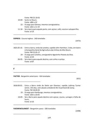 528
Fonte: PM 25.10-01
10-04 - Surto no Douro.
Fonte: id04 a 22
22 - À carga para Génova, mesmos consignatários.
Fonte: id22 a 11-19
11-18 - Sai a barra para aquele porto, com açúcar, café, couros e salsaparrilha.
Fonte: id 19
EXPRESS - Escuna inglesa - 140 toneladas
(1471)
1825.05-16 - Entra a barra, vinda de Londres, capitão John Hamilton, 5 dias, em lastro
à Companhia Geral da Agricultura das Vinhas do Alto Douro.
Fonte: PM 25.05-17
24 - À carga para Londres, consignatário Agostinho Peixoto da Silva.
Fonte: id 24
06-05 - Sai a barra para aquele destino, com vinho e cortiça.
Fonte: id 07
F
FACTOR - Bergantim americano - 164 toneladas
(651)
1818.09-01 - Entra a Barra vindo de Stetin por Elseneur, capitão Lothrop Turner
Júnior, 191 dias, com aduela a Diederich M. Feuerheerd & Comp..
Fonte: FM 18.09-05
19 - À carga para Hamburgo, mesmos consignatários.
Fonte: id19 a 10-03
10-09 - Sai a Barra para aquele destino com açúcar, couros, sumagre e folha de
louro.
Fonte: id 10
FAEDRENESLANDET - Bergantim sueco - 106 toneladas
(1498)
 