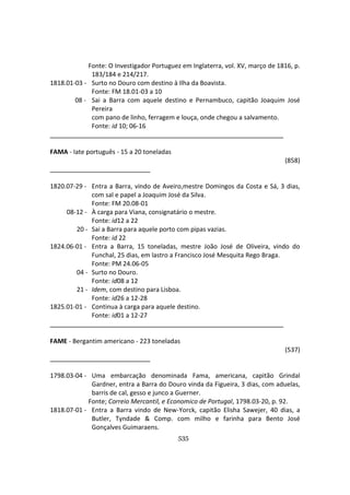 535
Fonte: O Investigador Portuguez em Inglaterra, vol. XV, março de 1816, p.
183/184 e 214/217.
1818.01-03 - Surto no Douro com destino à Ilha da Boavista.
Fonte: FM 18.01-03 a 10
08 - Sai a Barra com aquele destino e Pernambuco, capitão Joaquim José
Pereira
com pano de linho, ferragem e louça, onde chegou a salvamento.
Fonte: id 10; 06-16
FAMA - Iate português - 15 a 20 toneladas
(858)
1820.07-29 - Entra a Barra, vindo de Aveiro,mestre Domingos da Costa e Sá, 3 dias,
com sal e papel a Joaquim José da Silva.
Fonte: FM 20.08-01
08-12 - À carga para Viana, consignatário o mestre.
Fonte: id12 a 22
20 - Sai a Barra para aquele porto com pipas vazias.
Fonte: id 22
1824.06-01 - Entra a Barra, 15 toneladas, mestre João José de Oliveira, vindo do
Funchal, 25 dias, em lastro a Francisco José Mesquita Rego Braga.
Fonte: PM 24.06-05
04 - Surto no Douro.
Fonte: id08 a 12
21 - Idem, com destino para Lisboa.
Fonte: id26 a 12-28
1825.01-01 - Continua à carga para aquele destino.
Fonte: id01 a 12-27
FAME - Bergantim americano - 223 toneladas
(537)
1798.03-04 - Uma embarcação denominada Fama, americana, capitão Grindal
Gardner, entra a Barra do Douro vinda da Figueira, 3 dias, com aduelas,
barris de cal, gesso e junco a Guerner.
Fonte; Correio Mercantil, e Economico de Portugal, 1798.03-20, p. 92.
1818.07-01 - Entra a Barra vindo de New-Yorck, capitão Elisha Sawejer, 40 dias, a
Butler, Tyndade & Comp. com milho e farinha para Bento José
Gonçalves Guimaraens.
 