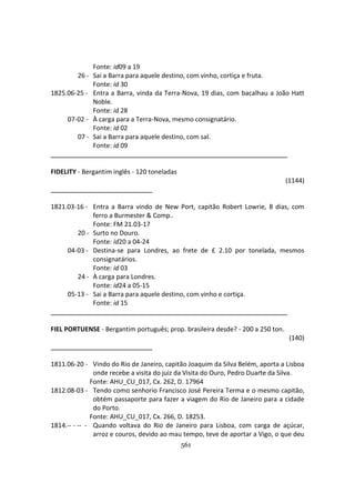 561
Fonte: id09 a 19
26 - Sai a Barra para aquele destino, com vinho, cortiça e fruta.
Fonte: id 30
1825.06-25 - Entra a Barra, vinda da Terra-Nova, 19 dias, com bacalhau a João Hatt
Noble.
Fonte: id 28
07-02 - À carga para a Terra-Nova, mesmo consignatário.
Fonte: id 02
07 - Sai a Barra para aquele destino, com sal.
Fonte: id 09
FIDELITY - Bergantim inglês - 120 toneladas
(1144)
1821.03-16 - Entra a Barra vindo de New Port, capitão Robert Lowrie, 8 dias, com
ferro a Burmester & Comp..
Fonte: FM 21.03-17
20 - Surto no Douro.
Fonte: id20 a 04-24
04-03 - Destina-se para Londres, ao frete de £ 2.10 por tonelada, mesmos
consignatários.
Fonte: id 03
24 - À carga para Londres.
Fonte: id24 a 05-15
05-13 - Sai a Barra para aquele destino, com vinho e cortiça.
Fonte: id 15
FIEL PORTUENSE - Bergantim português; prop. brasileira desde? - 200 a 250 ton.
(140)
1811.06-20 - Vindo do Rio de Janeiro, capitão Joaquim da Silva Belém, aporta a Lisboa
onde recebe a visita do juiz da Visita do Ouro, Pedro Duarte da Silva.
Fonte: AHU_CU_017, Cx. 262, D. 17964
1812.08-03 - Tendo como senhorio Francisco José Pereira Terma e o mesmo capitão,
obtém passaporte para fazer a viagem do Rio de Janeiro para a cidade
do Porto.
Fonte: AHU_CU_017, Cx. 266, D. 18253.
1814.-- - -- - Quando voltava do Rio de Janeiro para Lisboa, com carga de açúcar,
arroz e couros, devido ao mau tempo, teve de aportar a Vigo, o que deu
 