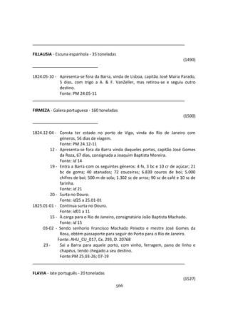566
FILLAUSIA - Escuna espanhola - 35 toneladas
(1490)
1824.05-10 - Apresenta-se fora da Barra, vinda de Lisboa, capitão José Maria Parado,
5 dias, com trigo a A. & F. VanZeller, mas retirou-se e seguiu outro
destino.
Fonte: PM 24.05-11
FIRMEZA - Galera portuguesa - 160 toneladas
(1500)
1824.12-04 - Consta ter estado no porto de Vigo, vinda do Rio de Janeiro com
géneros, 56 dias de viagem.
Fonte: PM 24.12-11
12 - Apresenta-se fora da Barra vinda daqueles portos, capitão José Gomes
da Roza, 67 dias, consignada a Joaquim Baptista Moreira.
Fonte: id 14
19 - Entra a Barra com os seguintes géneros: 4 fx, 3 bc e 10 cr de açúcar; 21
bc de goma; 40 atanados; 72 couceiras; 6.839 couros de boi; 5.000
chifres de boi; 500 m de sola; 1.302 sc de arroz; 90 sc de café e 10 sc de
farinha.
Fonte: id 21
20 - Surta no Douro.
Fonte: id25 a 25.01-01
1825.01-01 - Continua surta no Douro.
Fonte: id01 a 11
15 - À carga para o Rio de Janeiro, consignatário João Baptista Machado.
Fonte: id 15
03-02 - Sendo senhorio Francisco Machado Peixoto e mestre José Gomes da
Rosa, obtém passaporte para seguir do Porto para o Rio de Janeiro.
Fonte: AHU_CU_017, Cx. 293, D. 20768
23 - Sai a Barra para aquele porto, com vinho, ferragem, pano de linho e
chapéus, tendo chegado a seu destino.
Fonte:PM 25.03-26; 07-19
FLAVIA - Iate português - 20 toneladas
(1527)
 