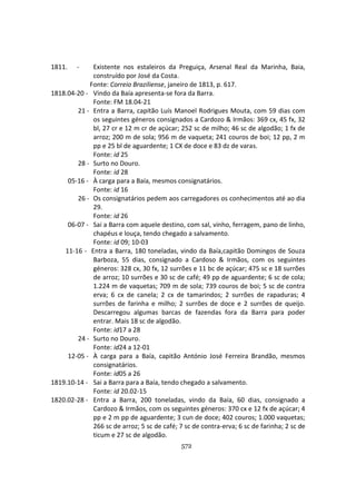 572
1811. - Existente nos estaleiros da Preguiça, Arsenal Real da Marinha, Baia,
construído por José da Costa.
Fonte: Correio Braziliense, janeiro de 1813, p. 617.
1818.04-20 - Vindo da Baía apresenta-se fora da Barra.
Fonte: FM 18.04-21
21 - Entra a Barra, capitão Luís Manoel Rodrigues Mouta, com 59 dias com
os seguintes géneros consignados a Cardozo & Irmãos: 369 cx, 45 fx, 32
bl, 27 cr e 12 m cr de açúcar; 252 sc de milho; 46 sc de algodão; 1 fx de
arroz; 200 m de sola; 956 m de vaqueta; 241 couros de boi; 12 pp, 2 m
pp e 25 bl de aguardente; 1 CX de doce e 83 dz de varas.
Fonte: id 25
28 - Surto no Douro.
Fonte: id 28
05-16 - À carga para a Baía, mesmos consignatários.
Fonte: id 16
26 - Os consignatários pedem aos carregadores os conhecimentos até ao dia
29.
Fonte: id 26
06-07 - Sai a Barra com aquele destino, com sal, vinho, ferragem, pano de linho,
chapéus e louça, tendo chegado a salvamento.
Fonte: id 09; 10-03
11-16 - Entra a Barra, 180 toneladas, vindo da Baía,capitão Domingos de Souza
Barboza, 55 dias, consignado a Cardoso & Irmãos, com os seguintes
géneros: 328 cx, 30 fx, 12 surrões e 11 bc de açúcar; 475 sc e 18 surrões
de arroz; 10 surrões e 30 sc de café; 49 pp de aguardente; 6 sc de cola;
1.224 m de vaquetas; 709 m de sola; 739 couros de boi; 5 sc de contra
erva; 6 cx de canela; 2 cx de tamarindos; 2 surrões de rapaduras; 4
surrões de farinha e milho; 2 surrões de doce e 2 surrões de queijo.
Descarregou algumas barcas de fazendas fora da Barra para poder
entrar. Mais 18 sc de algodão.
Fonte: id17 a 28
24 - Surto no Douro.
Fonte: id24 a 12-01
12-05 - À carga para a Baía, capitão António José Ferreira Brandão, mesmos
consignatários.
Fonte: id05 a 26
1819.10-14 - Sai a Barra para a Baía, tendo chegado a salvamento.
Fonte: id 20.02-15
1820.02-28 - Entra a Barra, 200 toneladas, vindo da Baía, 60 dias, consignado a
Cardozo & Irmãos, com os seguintes géneros: 370 cx e 12 fx de açúcar; 4
pp e 2 m pp de aguardente; 3 cun de doce; 402 couros; 1.000 vaquetas;
266 sc de arroz; 5 sc de café; 7 sc de contra-erva; 6 sc de farinha; 2 sc de
ticum e 27 sc de algodão.
 