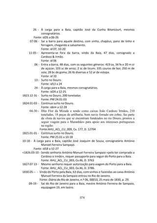 574
26 - À carga para a Baía, capitão José da Cunha Bitancourt, mesmos
consignatários.
Fonte: id26 a 06-26
07-06 - Sai a barra para aquele destino, com vinho, chapéus, pano de linho e
ferragem, chegando a salvamento.
Fonte: id 07; 10-20
11-05 - Apresenta-se fora da barra, vindo da Baía, 47 dias, consignado a
Cardozo & Irmão.
Fonte: id 06
06 - Entra a barra, 48 dias, com os seguintes géneros: 419 cx, 34 fx e 20 m cr
de açúcar; 103 sc de arroz; 2 sc de ticum; 335 couros de boi; 250 m de
sola; 28 bc de goma; 26 tb diversas e 52 ar de estopa.
Fonte: id 10
13 - Surto no Douro.
Fonte: id13 a 24
24 - À carga para a Baía, mesmos consignatários.
Fonte: id24 a 12-25
1823.12-31 - Surto no Douro, 200 toneladas
Fonte: PM 24.01-03
1824.01-03 - Continua surto no Douro.
Fonte: idem a 12-28
04-30 - Dito Flor da Mizade e tendo como caixas João Cardozo Irmãos, 210
toneladas, 18 peças de artilharia, bom navio forrado em cobre, faz parte
da «lista de navios que se encontram fundeados no rio Douro, prontos a
seguir viagem para o Maranhão» para apoio aos interesses portugueses
na região.
Fonte:AHU_ACL_CU_009, Cx. 177, D. 12794
1825.01-01 - Continua surto no Douro.
Fonte: PM 25.01 a 10-18
10-18 - À carga para a Baía, capitão José Joaquim de Sousa, consignatário António
Manoel Ferreira Sampayo.
Fonte: id18 a 12-27
<1826.03-10 - Sendo senhorio António Manuel Ferreira Sampaio «pelo ter comprado a
Cardoso e Irmão», requer passaporte para seguir do Porto para a Baía.
Fonte: AHU_ACL_CU_003, Cx.46, D. 3763
1827.07 13 - Mesmo senhorio requer autorização para viagem do Porto para a Baía.
Fonte: AHU_ACL_CU_003, Cx.46, D. 3786.
1830.05.-- - Vindo do Porto pela Baía, 63 dias, com vinhos e fazendas ao caixa António
Manuel Ferreira da Sampaio entrou no Rio de Janeiro.
Fonte: Diário do Rio de Janeiro, n.º 06, 00010, 25 maio de 1830, p. 29.
09-19 - Sai do Rio de Janeiro para a Baía, mestre António Ferreira de Sampaio,
equipagem 19, em lastro.
 