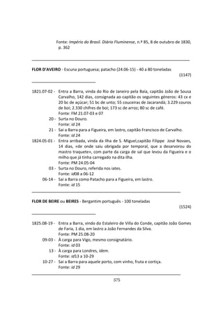 575
Fonte: Império do Brasil. Diário Fluminense, n.º 85, 8 de outubro de 1830,
p. 362
__________________________________________
FLOR D'AVEIRO - Escuna portuguesa; patacho (24.06-15) - 40 a 80 toneladas
(1147)
1821.07-02 - Entra a Barra, vinda do Rio de Janeiro pela Baía, capitão João de Sousa
Carvalho, 142 dias, consignada ao capitão os seguintes géneros: 43 cx e
20 bc de açúcar; 51 bc de unto; 55 couceiras de Jacarandá; 3.229 couros
de boi; 2.330 chifres de boi; 173 sc de arroz; 80 sc de café.
Fonte: FM 21.07-03 e 07
20 - Surta no Douro.
Fonte: id 24
21 - Sai a Barra para a Figueira, em lastro, capitão Francisco de Carvalho.
Fonte: id 24
1824.05-01 - Entra arribada, vinda da Ilha de S. Miguel,capitão Filippe José Novaes,
14 dias, «de onde saiu obrigada por temporal, que a desarvorou do
mastro traquete», com parte da carga de sal que levou da Figueira e o
milho que já tinha carregado na dita ilha.
Fonte: PM 24.05-04
03 - Surta no Douro, referida nos iates.
Fonte: id08 a 06-12
06-14 - Sai a Barra como Patacho para a Figueira, em lastro.
Fonte: id 15
FLOR DE BEIRE ou BEIRES - Bergantim português - 100 toneladas
(1524)
1825.08-19 - Entra a Barra, vindo do Estaleiro de Villa do Conde, capitão João Gomes
de Faria, 1 dia, em lastro a João Fernandes da Silva.
Fonte: PM 25.08-20
09-03 - À carga para Vigo, mesmo consignatário.
Fonte: id 03
13 - À carga para Londres, idem.
Fonte: id13 a 10-29
10-27 - Sai a Barra para aquele porto, com vinho, fruta e cortiça.
Fonte: id 29
 