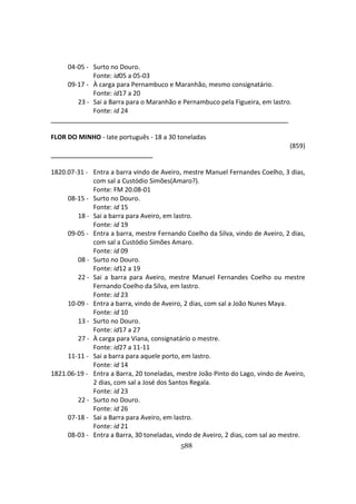 588
04-05 - Surto no Douro.
Fonte: id05 a 05-03
09-17 - À carga para Pernambuco e Maranhão, mesmo consignatário.
Fonte: id17 a 20
23 - Sai a Barra para o Maranhão e Pernambuco pela Figueira, em lastro.
Fonte: id 24
FLOR DO MINHO - Iate português - 18 a 30 toneladas
(859)
1820.07-31 - Entra a barra vindo de Aveiro, mestre Manuel Fernandes Coelho, 3 dias,
com sal a Custódio Simões(Amaro?).
Fonte: FM 20.08-01
08-15 - Surto no Douro.
Fonte: id 15
18 - Sai a barra para Aveiro, em lastro.
Fonte: id 19
09-05 - Entra a barra, mestre Fernando Coelho da Silva, vindo de Aveiro, 2 dias,
com sal a Custódio Simões Amaro.
Fonte: id 09
08 - Surto no Douro.
Fonte: id12 a 19
22 - Sai a barra para Aveiro, mestre Manuel Fernandes Coelho ou mestre
Fernando Coelho da Silva, em lastro.
Fonte: id 23
10-09 - Entra a barra, vindo de Aveiro, 2 dias, com sal a João Nunes Maya.
Fonte: id 10
13 - Surto no Douro.
Fonte: id17 a 27
27 - À carga para Viana, consignatário o mestre.
Fonte: id27 a 11-11
11-11 - Sai a barra para aquele porto, em lastro.
Fonte: id 14
1821.06-19 - Entra a Barra, 20 toneladas, mestre João Pinto do Lago, vindo de Aveiro,
2 dias, com sal a José dos Santos Regala.
Fonte: id 23
22 - Surto no Douro.
Fonte: id 26
07-18 - Sai a Barra para Aveiro, em lastro.
Fonte: id 21
08-03 - Entra a Barra, 30 toneladas, vindo de Aveiro, 2 dias, com sal ao mestre.
 