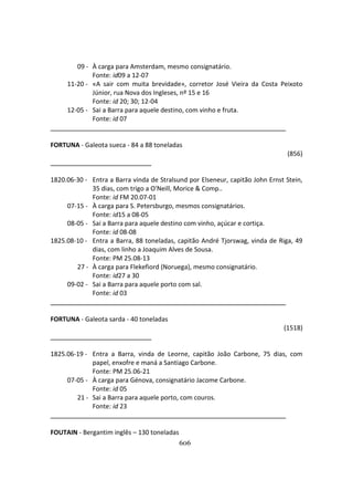 606
09 - À carga para Amsterdam, mesmo consignatário.
Fonte: id09 a 12-07
11-20 - «A sair com muita brevidade», corretor José Vieira da Costa Peixoto
Júnior, rua Nova dos Ingleses, nº 15 e 16
Fonte: id 20; 30; 12-04
12-05 - Sai a Barra para aquele destino, com vinho e fruta.
Fonte: id 07
FORTUNA - Galeota sueca - 84 a 88 toneladas
(856)
1820.06-30 - Entra a Barra vinda de Stralsund por Elseneur, capitão John Ernst Stein,
35 dias, com trigo a O'Neill, Morice & Comp..
Fonte: id FM 20.07-01
07-15 - À carga para S. Petersburgo, mesmos consignatários.
Fonte: id15 a 08-05
08-05 - Sai a Barra para aquele destino com vinho, açúcar e cortiça.
Fonte: id 08-08
1825.08-10 - Entra a Barra, 88 toneladas, capitão André Tjorswag, vinda de Riga, 49
dias, com linho a Joaquim Alves de Sousa.
Fonte: PM 25.08-13
27 - À carga para Flekefiord (Noruega), mesmo consignatário.
Fonte: id27 a 30
09-02 - Sai a Barra para aquele porto com sal.
Fonte: id 03
FORTUNA - Galeota sarda - 40 toneladas
(1518)
1825.06-19 - Entra a Barra, vinda de Leorne, capitão João Carbone, 75 dias, com
papel, enxofre e maná a Santiago Carbone.
Fonte: PM 25.06-21
07-05 - À carga para Génova, consignatário Jacome Carbone.
Fonte: id 05
21 - Sai a Barra para aquele porto, com couros.
Fonte: id 23
FOUTAIN - Bergantim inglês – 130 toneladas
 