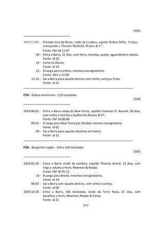 607
(705)
1818.11-05 - Pilotado fora da Barra, vindo de Londres, capitão Robert Mills, 18 dias,
consignado a Thomás Methold, Waters & Cº..
Fonte: FM 18.11-07
09 - Entra a Barra, 21 dias, com ferro, chumbo, queijo, aguardente e aduela.
Fonte: id 10
14 - Surto no Douro.
Fonte: id 14
21 - À carga para Londres, mesmos consignatários.
Fonte: id21 a 12-08
12-12 - Sai a Barra para aquele destino com vinho, cortiça e fruta.
Fonte: id 15
FOX - Galera americana - 216 toneladas
(543)
1818.08-05 - Entra a Barra vinda de New-Yorck, capitão Freeman O. Bassett, 40 dias,
com milho e farinha a Guilherme Rocher & Cº:.
Fonte: FM 18.08-08
09-01 - À carga para New-Yorck por Setúbal, mesmo consignatário.
Fonte: id 01
09 - Sai a Barra para aqueles destinos em lastro.
Fonte: id 12
FOX - Bergantim inglês - 144 a 164 toneladas
(305)
1818.05-10 - Entra a Barra vindo de Londres, capitão Thomás Brand, 13 dias, com
trigo e aduela a Hunt, Newman & Roope.
Fonte: FM 18.05-12
19 - À carga para Bristol, mesmos consignatários.
Fonte: id 19
06-07 - Sai a Barra com aquele destino, com vinho e cortiça.
Fonte: id 09
1820.10-20 - Entra a Barra, 164 toneladas, vindo da Terra Nova, 21 dias, com
bacalhau a Hunt, Newman, Roope & Comp..
Fonte: id 21
 