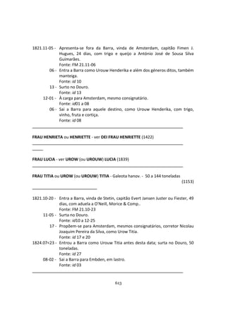 613
1821.11-05 - Apresenta-se fora da Barra, vinda de Amsterdam, capitão Fimen J.
Hugues, 24 dias, com trigo e queijo a António José de Sousa Silva
Guimarães.
Fonte: FM 21.11-06
06 - Entra a Barra como Urouw Henderika e além dos géneros ditos, também
manteiga.
Fonte: id 10
13 - Surto no Douro.
Fonte: id 13
12-01 - À carga para Amsterdam, mesmo consignatário.
Fonte: id01 a 08
06 - Sai a Barra para aquele destino, como Urouw Henderika, com trigo,
vinho, fruta e cortiça.
Fonte: id 08
FRAU HENRIETA ou HENRIETTE - ver DEI FRAU HENRIETTE (1422)
FRAU LUCIA - ver UROW (ou UROUW) LUCIA (1839)
FRAU TITIA ou UROW (ou UROUW) TITIA - Galeota hanov. - 50 a 144 toneladas
(1153)
1821.10-20 - Entra a Barra, vinda de Stetin, capitão Evert Jansen Juster ou Fiester, 49
dias, com aduela a O'Neill, Morice & Comp..
Fonte: FM 21.10-23
11-05 - Surta no Douro.
Fonte: id10 a 12-25
17 - Propõem-se para Amsterdam, mesmos consignatários, corretor Nicolau
Joaquim Pereira da Silva, como Urow Titia.
Fonte: id 17 e 20
1824.07<23 - Entrou a Barra como Urouw Titia antes desta data; surta no Douro, 50
toneladas.
Fonte: id 27
08-02 - Sai a Barra para Embden, em lastro.
Fonte: id 03
 