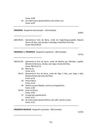 615
Fonte: id 09
24 - Sai a Barra para aquele destino, com vinho e sal.
Fonte: id 26
FREDERICK - Bergantim dinamarquês - 124 toneladas
(1497)
1824.09-05 - Apresenta-se fora da Barra, vindo de Copenhaque,capitão Edward
Sonne, 42 dias, com cevada e manteiga a VanZellers & Comp..
Fonte: PM 24.09-07
FREDERICK ou FREDERICO - Bergantim napolitano - 180 toneladas
(1513)
1825.01-09 - Apresenta-se fora da barra, vindo de Barleta por Gibraltar, capitão
Michele di Gennaro, 10 dias, com trigo a Castro & Filhos.
Fonte: PM 25.01-11
10 - Retirou-se.
Fonte: id 11
04-15 - Apresenta-se fora da barra, vindo de Vigo, 2 dias, com trigo a João
António Gomes de Castro & Filhos.
Fonte: id 16
16 - Entra a Barra.
Fonte: id 19
30 - Destina-se para Nápoles, mesmos consignatários.
Fonte: id 30
05-03 - Surto no Douro.
Fonte: id 03
17 - À carga para aquele porto.
Fonte: id 17
18 - Sai a barra para aquele destino, com café, couros e cacau.
Fonte: id 21
FREDERICK WILHELM - Bergantim prussiano - 100 toneladas
(1154)
 
