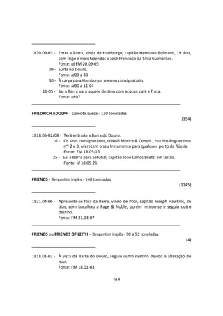 618
1820.09-03 - Entra a Barra, vinda de Hamburgo, capitão Hermann Bolmann, 19 dias,
com trigo e mais fazendas a José Francisco da Silva Guimarães.
Fonte: id FM 20.09-05
09 - Surta no Douro.
Fonte: id09 a 30
30 - À carga para Hamburgo, mesmo consignatário.
Fonte: id30 a 11-04
11-05 - Sai a Barra para aquele destino com açúcar, café e fruta.
Fonte: id 07
FRIEDRICH ADOLPH - Galeota sueca - 130 toneladas
(354)
1818.05-02/08 - Terá entrado a Barra do Douro.
16 - Os seus consignatários, O'Neill Morice & Compª., rua dos Fogueteiros
nos 2 e 3, oferecem o seu fretamento para qualquer porto da Rússia.
Fonte: FM 18.05-16
25 - Sai a Barra para Setúbal, capitão João Carlos Blietz, em lastro.
Fonte: id 18.05-26
FRIENDS - Bergantim inglês - 140 toneladas
(1145)
1821.04-06 - Apresenta-se fora da Barra, vindo de Pool, capitão Joseph Hawkins, 26
dias, com bacalhau a Page & Noble, porém retirou-se e seguiu outro
destino.
Fonte: FM 21.04-07
FRIENDS ou FRIENDS OF LEITH – Bergantim inglês - 90 a 93 toneladas
(4)
1818.01-02 - À vista da Barra do Douro, seguiu outro destino devido à alteração do
mar.
Fonte: FM 18.01-03
 