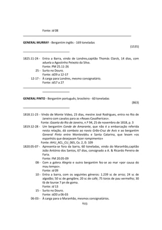 623
Fonte: id 08
GENERAL MURRAY - Bergantim inglês - 169 toneladas
(1535)
1825.11-24 - Entra a Barra, vindo de Londres,capitão Thomás Clarck, 14 dias, com
aduela a Agostinho Peixoto da Silva.
Fonte: PM 25.11-26
25 - Surto no Douro.
Fonte: id29 a 12-17
12-17 - À carga para Londres, mesmo consignatário.
Fonte: id17 a 27
GENERAL PINTO - Bergantim português; brasileiro - 60 toneladas
(863)
1818.11-23 - Vindo de Monte Video, 23 dias, mestre José Rodrigues, entra no Rio de
Janeiro com cavalos para as «Reaes Cavalherices».
Fonte: Gazeta do Rio de Janeiro, n.º 94, 25 de novembro de 1818, p. 3
1819.12-28 - Um bergantim Conde de Amarante, que não é a embarcação referida
nesta relação, dá comboio ao navio Grão-Cruz de Avis e ao bergantim
General Pinto entre Montevidéu e Santa Catarina, que levam «os
espanhóis que desejavam fazer rompimento»
Fonte: AHU_ACL_CU_065, Cx. 2, D. 109
1820.05-07 - Apresenta-se fora da barra, 60 toneladas, vindo do Maranhão,capitão
João António dos Santos, 67 dias, consignado a A. & Ricardo Pereira de
Faria.
Fonte: FM 20.05-09
08 - Com a galera Alegria e outro bergantim fez-se ao mar «por causa do
mau tempo».
Fonte: id 09
10 - Entra a barra, com os seguintes géneros: 1.239 sc de arroz; 24 sc de
algodão; 50 sc de gengibre; 20 sc de café; 75 toros de pau vermelho; 30
tb de louroe 7 pn de goma.
Fonte: id 13
15 - Surto no Douro.
Fonte: id20 a 06-03
06-03 - À carga para o Maranhão, mesmos consignatários.
 