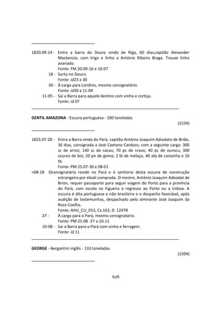 628
1820.09-14 - Entra a barra do Douro vindo de Riga, 60 dias,capitão Alexander
Mackenzie, com trigo e linho a António Ribeiro Braga. Trouxe linho
avariado.
Fonte: FM 20.09-16 e 10-07
18 - Surto no Douro.
Fonte: id23 a 30
30 - À carga para Londres, mesmo consignatário.
Fonte: id30 a 11-04
11-05 - Sai a Barra para aquele destino com vinho e cortiça.
Fonte: id 07
GENTIL AMAZONA - Escuna portuguesa - 100 toneladas
(1534)
1825.07-28 - Entra a Barra vinda do Pará, capitão António Joaquim Adiodato de Brião,
36 dias, consignada a José Caetano Cardozo, com a seguinte carga: 300
sc de arroz; 140 sc de cacau; 70 pc de cravo; 40 pc de ourocu; 300
couros de boi; 20 pn de goma; 2 bl de melaço, 40 alq de castanha e 10
tb.
Fonte: PM 25.07-30 e 08-01
>08-18 Oconsignatário reside no Pará e é senhorio desta escuna de construção
estrangeira por eleali comprada. O mestre, António Joaquim Adeodat de
Brion, requer passaporte para seguir viagem do Porto para a província
do Pará, com escala na Figueira e regresso ao Porto ou a Lisboa. A
escuna é dita portuguesa e não brasileira e o despacho favorável, após
audição de testemunhas, despachado pelo almirante José Joaquim da
Roza Coelho.
Fonte: AHU_CU_013, Cx.163, D. 12478
27 - À carga para o Pará, mesmo consignatário.
Fonte: PM 25.08 -27 a 10-11
10-08 - Sai a Barra para o Pará com vinho e ferragem.
Fonte: id 11
GEORGE - Bergantim inglês - 133 toneladas
(1504)
 