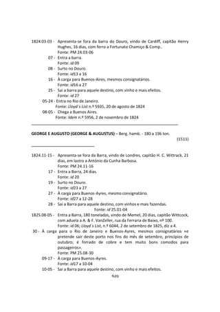 629
1824.03-03 - Apresenta-se fora da barra do Douro, vindo de Cardiff, capitão Henry
Hughes, 16 dias, com ferro a Fortunato Chamiço & Comp..
Fonte: PM 24.03-06
07 - Entra a barra.
Fonte: id 09
08 - Surto no Douro.
Fonte: id13 a 16
16 - À carga para Buenos-Aires, mesmos consignatários.
Fonte: id16 a 27
25 - Sai a barra para aquele destino, com vinho e mais efeitos.
Fonte: id 27
05-24 - Entra no Rio de Janeiro.
Fonte: Lloyd´s List n.º 5935, 20 de agosto de 1824
08-05 - Chega a Buenos Aires.
Fonte: Idem n.º 5956, 2 de novembro de 1824
GEORGE E AUGUSTO (GEORGE & AUGUSTUS) – Berg. hamb. - 180 a 196 ton.
(1511)
1824.11-15 - Apresenta-se fora da Barra, vindo de Londres, capitão H. C. Wittrack, 21
dias, em lastro a António da Cunha Barbosa.
Fonte: PM 24.11-16
17 - Entra a Barra, 24 dias.
Fonte: id 20
19 - Surto no Douro.
Fonte: id23 a 27
27 - À carga para Buenos-Ayres, mesmo consignatário.
Fonte: id27 a 12-28
28 - Sai a Barra para aquele destino, com vinhos e mais fazendas.
Fonte: id 25.01-04
1825.08-05 - Entra a Barra, 180 toneladas, vindo de Memel, 20 dias, capitão Wittcock,
com aduela a A. & F. VanZeller, rua da Ferraria de Baixo, nº 100.
Fonte: id 06; Lloyd´s List, n.º 6044, 2 de setembro de 1825, diz a 4.
30 - À carga para o Rio de Janeiro e Buenos-Ayres, mesmos consignatários «e
pretende sair deste porto nos fins do mês de setembro, princípios de
outubro; é forrado de cobre e tem muito bons comodos para
passageiros».
Fonte: PM 25.08-30
09-17 - À carga para Buenos-Ayres.
Fonte: id17 a 10-04
10-05 - Sai a Barra para aquele destino, com vinho e mais efeitos.
 