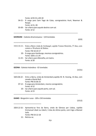 631
Fonte: id 03-31 a 04-18
04-21 - À carga para Sant Yago de Cuba, consignatários Hunt, Newman &
Roope.
Fonte: id 21; 28
05-09 - Sai a Barra para aquele destino com sal.
Fonte: id 12
GEORGINE – Galeota dinamarquesa – 124 toneladas
(659)
1818.10-14 - Entra a Barra vinda de Archangel, capitão Tonnes Henrichs, 57 dias, com
centeio a Wucherer & Rahms.
Fonte: FM 18.10-17
20 - À carga para Hamburgo, mesmos consignatários.
Fonte: id20 a 11-24
11-25 - Sai a Barra para Marselha, em lastro.
Fonte: id 28
GEZINA - Galeota holandesa - 62 toneladas
(1531)
1825.06-22 - Entra a Barra, vinda de Amsterdam,capitão M. N. Huising, 14 dias, com
cevada a Daniel Bull.
Fonte: PM 25.06-25
07-12 - À carga para Amsterdam, mesmo consignatário.
Fonte: id 12
20 - Sai a Barra para aquele porto, com sal.
Fonte: id 23
GIANO - Bergantim russo - 100 a 150 toneladas
(1512)
1824.12-16 - Apresenta-se fora da Barra, vindo de Génova por Lisboa, capitão
Emmanuel Libati ou Liberti, 5 dias do último porto, com trigo a Manoel
Isola.
Fonte: PM 24.12-18
21 - Retirou-se.
 