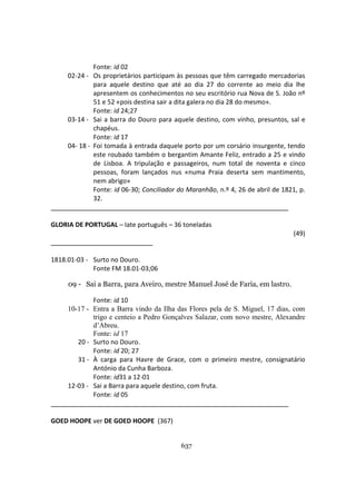 637
Fonte: id 02
02-24 - Os proprietários participam às pessoas que têm carregado mercadorias
para aquele destino que até ao dia 27 do corrente ao meio dia lhe
apresentem os conhecimentos no seu escritório rua Nova de S. João nº
51 e 52 «pois destina sair a dita galera no dia 28 do mesmo».
Fonte: id 24;27
03-14 - Sai a barra do Douro para aquele destino, com vinho, presuntos, sal e
chapéus.
Fonte: id 17
04- 18 - Foi tomada à entrada daquele porto por um corsário insurgente, tendo
este roubado também o bergantim Amante Feliz, entrado a 25 e vindo
de Lisboa. A tripulação e passageiros, num total de noventa e cinco
pessoas, foram lançados nus «numa Praia deserta sem mantimento,
nem abrigo»
Fonte: id 06-30; Conciliador do Maranhão, n.º 4, 26 de abril de 1821, p.
32.
GLORIA DE PORTUGAL – Iate português – 36 toneladas
(49)
1818.01-03 - Surto no Douro.
Fonte FM 18.01-03;06
09 - Sai a Barra, para Aveiro, mestre Manuel José de Faria, em lastro.
Fonte: id 10
10-17 - Entra a Barra vindo da Ilha das Flores pela de S. Miguel, 17 dias, com
trigo e centeio a Pedro Gonçalves Salazar, com novo mestre, Alexandre
d’Abreu.
Fonte: id 17
20 - Surto no Douro.
Fonte: id 20; 27
31 - À carga para Havre de Grace, com o primeiro mestre, consignatário
António da Cunha Barboza.
Fonte: id31 a 12-01
12-03 - Sai a Barra para aquele destino, com fruta.
Fonte: id 05
GOED HOOPE ver DE GOED HOOPE (367)
 