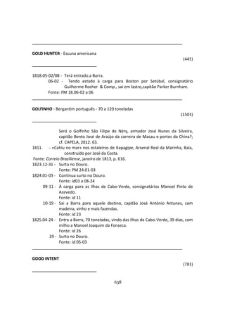 638
GOLD HUNTER - Escuna americana
(445)
1818.05-02/08 - Terá entrado a Barra.
06-02 - Tendo estado à carga para Boston por Setúbal, consignatário
Guilherme Rocher & Comp., sai em lastro,capitão Parker Burnham.
Fonte: FM 18.06-02 a 06
GOLFINHO - Bergantim português - 70 a 120 toneladas
(1503)
Será o Golfinho São Filipe de Néry, armador José Nunes da Silveira,
capitão Bento José de Araújo da carreira de Macau e portos da China?;
cf. CAPELA, 2012: 63.
1811. - «Cahiu no mar» nos estaleiros de Itapagipe, Arsenal Real da Marinha, Baia,
construído por José da Costa.
Fonte: Correio Braziliense, janeiro de 1813, p. 616.
1823.12-31 - Surto no Douro.
Fonte: PM 24.01-03
1824.01-03 - Continua surto no Douro.
Fonte: id03 a 08-24
09-11 - À carga para as Ilhas de Cabo-Verde, consignatários Manoel Pinto de
Azevedo.
Fonte: id 11
10-19 - Sai a Barra para aquele destino, capitão José António Antunes, com
madeira, vinho e mais fazendas.
Fonte: id 23
1825.04-24 - Entra a Barra, 70 toneladas, vindo das Ilhas de Cabo-Verde, 39 dias, com
milho a Manoel Joaquim da Fonseca.
Fonte: id 26
29 - Surto no Douro.
Fonte: id 05-03
GOOD INTENT
(783)
 