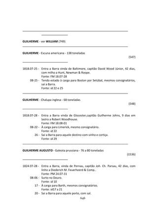 646
GUILHERME - ver WILLIAM (749)
GUILHERME - Escuna americana - 138 toneladas
(547)
1818.07-25 - Entra a Barra vinda de Baltimore, capitão David Wood Júnior, 42 dias,
com milho a Hunt, Newman & Roope.
Fonte: FM 18.07-28
08-25 - Tendo estado à carga para Boston por Setúbal, mesmos consignatários,
sai a Barra.
Fonte: id 22 e 25
GUILHERME - Chalupa inglesa - 68 toneladas
(548)
1818.07-28 - Entra a Barra vinda de Glocester,capitão Guilherme Johns, 9 dias em
lastro a Robert Woodhouse.
Fonte: FM 18.08-01
08-22 - À carga para Limerick, mesmo consignatário.
Fonte: id 22
26 - Sai a Barra para aquele destino com vinho e cortiça.
Fonte: id 29
GUILHERME AUGUSTO - Galeota prussiana - 76 a 80 toneladas
(1536)
1824.07-28 - Entra a Barra, vinda de Pernau, capitão Joh. Ch. Parsau, 42 dias, com
linho a Diederich M. Feuerheerd & Comp..
Fonte: PM 24.07-31
08-06 - Surto no Douro.
Fonte: id 10
17 - À carga para Barth, mesmos consignatários.
Fonte: id17 a 21
20 - Sai a Barra para aquele porto, com sal.
 