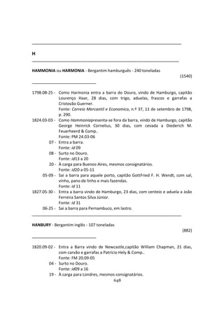 648
H
HAMMONIA ou HARMONIA - Bergantim hamburguês - 240 toneladas
(1540)
1798.08-25 - Como Harmonia entra a barra do Douro, vindo de Hamburgo, capitão
Lourenço Haar, 28 dias, com trigo, aduelas, frascos e garrafas a
Cristovão Guerner.
Fonte: Correio Mercantil e Economico, n.º 37, 11 de setembro de 1798,
p. 290.
1824.03-03 - Como Hammoniapresenta-se fora da barra, vindo de Hamburgo, capitão
George Heinrick Cornelius, 30 dias, com cevada a Diederich M.
Feuerheerd & Comp..
Fonte: PM 24.03-06
07 - Entra a barra.
Fonte: id 09
08 - Surto no Douro.
Fonte: id13 a 20
20 - À carga para Buenos-Aires, mesmos consignatários.
Fonte: id20 a 05-11
05-09 - Sai a barra para aquele porto, capitão GottFried F. H. Wendt, com sal,
vinho, pano de linho e mais fazendas.
Fonte: id 11
1827.05-30 - Entra a barra vindo de Hamburgo, 23 dias, com centeio e aduela a João
Ferreira Santos Silva Júnior.
Fonte: id 31
06-25 - Sai a barra para Pernambuco, em lastro.
HANBURY - Bergantim inglês - 107 toneladas
(882)
1820.09-02 - Entra a Barra vindo de Newcastle,capitão William Chapman, 21 dias,
com carvão e garrafas a Patrício Hely & Comp..
Fonte: FM 20.09-05
04 - Surto no Douro.
Fonte: id09 a 16
19 - À carga para Londres, mesmos consignatários.
 
