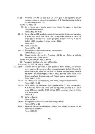 653
02-12 - Pretende sair até 18, pelo que faz saber que os carregadores devem
mandar assinar os conhecimentos.Caixas A. & Ricardo Pereira de Faria,
rua das Cangostas nº 124.
Fonte: FM 20.02-12
28 - Sai a Barra para aquele porto com vinho, ferragem e bacalhau,
chegando a salvamento.
Fonte: id 02-29; 06-17
10-19 - Entra a Barra, 100 toneladas, vindo do Maranhão, 85 dias, consignado a
A. & Ricardo Pereira de Faria, com os seguintes géneros: 1.296 sc de
arroz; 110 sc de algodão; 4 sc de gengibre; 26 sc de farinha; 76 couros
de boi; 1.604 vaquetas; 31 pn de goma e 24 tb.
Fonte: id 21
23 - Surto no Douro.
Fonte: id27 a 11-11
11-11 - À carga para o Maranhão, mesmo consignatário.
Fonte: id11 a 21.01-23
15< Requerimento do mestre Francisco Adrião da Rocha a solicitar
passaporte para o Maranhão.
Fonte. AHU_CU_009, Cx. 165, D. 12059
16 - Passaporte de ida e volta para o Maranhão
Fonte. AHU_CU_009, Cx. 165, D. 12060
1821.01-06 - Estando pronto para sair, e com piloto da Barra dentro, por diversas
vezes levantou âncora, mas não o conseguiu devido à cheia faltando-lhe
a sua amarração, tendo ido encalhar no sítio de Sampaio, onde na tarde
do mesmo dia descarregou parte da carga para se poder safar, vindo
depois para lugar de segurança onde ficou a reparar alguns danos.
Fonte: FM 21.01-09
01-23 - Sai a Barra para aquele destino, com vinho, chegando a salvamento.
Fonte: id 27 : 05-01
07-18 - Entra a Barra, 80 toneladas, vindo do Maranhão, 73 dias, consignado a
A. & Ricardo Pereira de Faria, com os seguintes géneros: 1.241 sc de
arroz; 139 sc de algodão; 2.186 chifres; 3.064 vaquetas; 16 pn de farinha
e 10 pn de goma.
Fonte: id 21
20 - Surto no Douro.
Fonte: id24 a 31
08-07 - À carga para o Maranhão, mesmos consignatários.
Fonte: id07 a 12-25
12-01 - Avisa que não recebe caixões de chapéus nem louça e pretende sair até
ao dia 12 do corrente.
Fonte: id 01;04
 