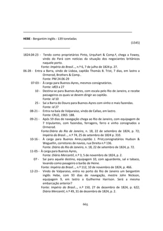 665
HEBE - Bergantim inglês - 139 toneladas
(1545)
1824.04-23 - Tendo como proprietários Pinto, Urquhart & Comp.ª, chega a Fowey,
vindo do Pará com notícias da situação dos negociantes britânicos
naquele porto.
Fonte: Império do Brasil…, n.º 6, 7 de julho de 1824 p. 27.
06-28 - Entra a Barra, vindo de Lisboa, capitão Thomás B. Trist, 7 dias, em lastro a
Ormerod, Brothers & Comp..
Fonte: PM 24.06-29
07-03 - À carga para Buenos-Ayres, mesmos consignatários.
Fonte: id03 a 27
10 - Destina-se para Buenos-Ayres, com escala pelo Rio de Janeiro, e recebe
passageiros os quais se devem dirigir ao capitão.
Fonte: id 10
25 - Sai a Barra do Douro para Buenos-Ayres com vinho e mais fazendas.
Fonte: id 27
08-21 - Entra na baía de Valparaiso, vindo de Callao, em lastro.
Fonte: CRUZ, 1965: 188.
09-21 - Após 59 dias de navegação chega ao Rio de Janeiro, com equipagem de
7 tripulantes, com fazendas, ferragens, ferro e vinho consignados a
Ormerod.
Fonte:Diário do Rio de Janeiro, n. 18, 22 de setembro de 1824, p. 72;
Império do Brasil…, n.º 74, 25 de setembro de 1824 p. 310.
10-16 - À carga para Buenos Aires,capitão J. Prist,consignatários Hudson &
Weguellin, corretores de navios, rua Direita n.º 136.
Fonte: Diário do Rio de Janeiro, n. 18, 22 de setembro de 1824, p. 72.
11-05 - À carga para Buenos Ayres,
Fonte: Diário Mercantil, n.º 3, 5 de novembro de 1824, p. 2.
07 - Sai para aquele destino, equipagem 10, com aguardente, sal e tabaco,
levando como pasageiro o barão de Heine.
Fonte: Império do Brasil…, n.º 112, 10 de novembro de 1824, p. 466.
12-23 - Vindo de Valparaiso, entra no porto do Rio de Janeiro um bergantim
inglês Hebe, com 93 dias de navegação, mestre John Nickson,
equipagem 9, em lastro a Guilherme Harrison. Será a mesma
embarcação anterior?
Fonte: Império do Brasil…, n.º 150, 27 de dezembro de 1824, p. 622;
Diário Mercantil, n.º 49, 31 de dezembro de 1824, p. 2.
 