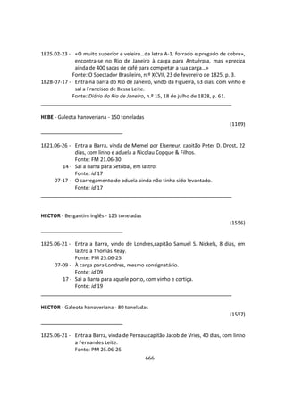 666
1825.02-23 - «O muito superior e veleiro…da letra A-1. forrado e pregado de cobre»,
encontra-se no Rio de Janeiro à carga para Antuérpia, mas «preciza
ainda de 400 sacas de café para completar a sua carga…»
Fonte: O Spectador Brasileiro, n.º XCVII, 23 de fevereiro de 1825, p. 3.
1828-07-17 - Entra na barra do Rio de Janeiro, vindo da Figueira, 63 dias, com vinho e
sal a Francisco de Bessa Leite.
Fonte: Diário do Rio de Janeiro, n.º 15, 18 de julho de 1828, p. 61.
HEBE - Galeota hanoveriana - 150 toneladas
(1169)
1821.06-26 - Entra a Barra, vinda de Memel por Elseneur, capitão Peter D. Drost, 22
dias, com linho e aduela a Nicolau Copque & Filhos.
Fonte: FM 21.06-30
14 - Sai a Barra para Setúbal, em lastro.
Fonte: id 17
07-17 - O carregamento de aduela ainda não tinha sido levantado.
Fonte: id 17
HECTOR - Bergantim inglês - 125 toneladas
(1556)
1825.06-21 - Entra a Barra, vindo de Londres,capitão Samuel S. Nickels, 8 dias, em
lastro a Thomás Reay.
Fonte: PM 25.06-25
07-09 - À carga para Londres, mesmo consignatário.
Fonte: id 09
17 - Sai a Barra para aquele porto, com vinho e cortiça.
Fonte: id 19
HECTOR - Galeota hanoveriana - 80 toneladas
(1557)
1825.06-21 - Entra a Barra, vinda de Pernau,capitão Jacob de Vries, 40 dias, com linho
a Fernandes Leite.
Fonte: PM 25.06-25
 