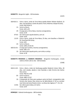 674
HENRIETTE - Bergantim inglês - 120 toneladas
(1537)
1824.06-11 - Entra a barra, vindo da Terra-Nova,capitão Robert William Bukford, 23
dias, com bacalhau e azeite de peixe a Hunt, Newman, Roope & Comp..
Fonte: PM 24.06-12
15 - Surto no Douro.
Fonte: id15 a 29
29 - À carga para a Terra-Nova, mesmos consignatários.
Fonte: id 29
07-02 - Sai a barra para aquele destino, com sal.
Fonte: id 03
12-20 - Entra a barra, vindo da Terra-Nova, 25 dias, com bacalhau a Diederich
M. Feuerheerd & Comp..
Fonte: id21
24 - Surto no Douro.
Fonte: id28 a 25.01-01
1825.01-01 - À carga para Londres, mesmos consignatários.
Fonte: id01 a 15
16 - Sai a barra para aquele porto, com vinho e cortiça.
Fonte: id 18
HENRIETTE FREDERICK ou HENRIETE FREDERICA - Bergantim hamburguês, «muito
veleiro e forte» (24.11-16) - 150 toneladas
(1548)
1824.11-03 - Entra a Barra, vindo de Hamburgo,capitão Diederich Anton Dirks, 28
dias, com cevada, aduela e mais fazendas a João Ferreira dos Santos
Silva Júnior.
Fonte: PM 24.11-06
05 - Surto no Douro.
Fonte: id09 a 12-07
16 - À disposição de frete para qualquer porto do Brasil, consignatário João
Ferreira dos Santos Silva Júnior,rua de Bello-Monte nº 65 ou corretor
José Vieira da Costa Peixoto Júnior, rua Nova dos Ingleses nos. 15 e 16.
12-06 - Sai a Barra para Lisboa, em lastro.
Fonte: id 07
HENRIQUE - Galeota hamburguesa - 180 toneladas
 