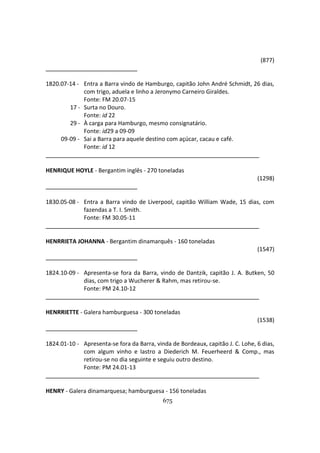 675
(877)
1820.07-14 - Entra a Barra vindo de Hamburgo, capitão John André Schmidt, 26 dias,
com trigo, aduela e linho a Jeronymo Carneiro Giraldes.
Fonte: FM 20.07-15
17 - Surta no Douro.
Fonte: id 22
29 - À carga para Hamburgo, mesmo consignatário.
Fonte: id29 a 09-09
09-09 - Sai a Barra para aquele destino com açúcar, cacau e café.
Fonte: id 12
HENRIQUE HOYLE - Bergantim inglês - 270 toneladas
(1298)
1830.05-08 - Entra a Barra vindo de Liverpool, capitão William Wade, 15 dias, com
fazendas a T. I. Smith.
Fonte: FM 30.05-11
HENRRIETA JOHANNA - Bergantim dinamarquês - 160 toneladas
(1547)
1824.10-09 - Apresenta-se fora da Barra, vindo de Dantzik, capitão J. A. Butken, 50
dias, com trigo a Wucherer & Rahm, mas retirou-se.
Fonte: PM 24.10-12
HENRRIETTE - Galera hamburguesa - 300 toneladas
(1538)
1824.01-10 - Apresenta-se fora da Barra, vinda de Bordeaux, capitão J. C. Lohe, 6 dias,
com algum vinho e lastro a Diederich M. Feuerheerd & Comp., mas
retirou-se no dia seguinte e seguiu outro destino.
Fonte: PM 24.01-13
HENRY - Galera dinamarquesa; hamburguesa - 156 toneladas
 