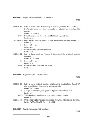 680
HERCULES - Bergantim dinamarquês - 172 toneladas
(561)
1818.08-12 - Entra a Barra, vindo de Pernau por Elseneur, capitão Hans (ou Jans) J.
Decken, 28 dias, com linho e cevada a Diederich M. Feuerheerd &
Comp..
Fonte: FM 18.08-15
09-11 - Sai a Barra para um dos portos do Mediterrâneo, em lastro.
Fonte: id 12
1821.09-10 - Entra a Barra vindo de Pernau, 70 dias, com linho e estopa a Maya & Cº..
Fonte: id 11
21 - Surto no Douro.
Fonte: id 25
25 - Sai a Barra para Bordéus em lastro.
Fonte: id 29
1825.08-02 - Entra a Barra, vindo de Pernau, 42 dias, com linho a Miguel António
Malheiro.
Fonte: PM 25.08-06
26 - Surto no Douro.
Fonte: id 30
09-08 - Sai a Barra para Marselha, em lastro.
Fonte: id 10
HERCULES - Bergantim inglês - 106 toneladas
(560)
1818.08-06 - Entra a barra, vindo de Londres pela Corunha, capitão Peter Russel, 37
dias, com 67 pipas de azeite de peixe ao capitão.
Fonte: FM 18.08-08
29 - À carga para Londres, consignatário Agostinho Peixoto da Silva.
Fonte: id 29
09-12 - Sai a Barra para aquele porto, com vinho, cortiça e cebola.
Fonte: id 15
1821.12- 29 - Uma embarcação inglesa denominada Herculena náufraga na Corunha.
Fonte: PATIÑO GÓMEZ, 2015: 118 e 194.
HERCULES - Galeota holandesa - 102 toneladas
(391)
 