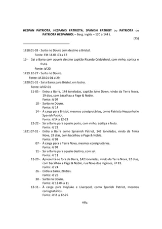 684
HESPAN PATRIOTA; HESPANIS PATRIOTA; SPANISH PATRIOT ou PATRIOTA ou
PATRIOTA HESPANHOL – Berg. inglês – 120 a 144 t.
(75)
1818.01-03 - Surto no Douro com destino a Bristol.
Fonte: FM 18.01-03 a 17
19 - Sai a Barra com aquele destino capitão Ricardo Criddeford, com vinho, cortiça e
fruta.
Fonte: id 20
1819.12-27 - Surto no Douro.
Fonte: id 20.01-01 a 29
1820.01-31 - Sai a Barra para Bristol, em lastro.
Fonte: id 02-01
11-05 - Entra a Barra, 144 toneladas, capitão John Down, vindo da Terra Nova,
19 dias, com bacalhau a Page & Noble.
Fonte: id 07
10 - Surto no Douro.
Fonte: id 14
14 - À carga para Bristol, mesmos consignatários, como Patriota Hespanhol e
Spanish Patriot.
Fonte: id14 a 12-23
12-22 - Sai a Barra para aquele porto, com vinho, cortiça e fruta.
Fonte: id 23
1821.07-01 - Entra a Barra como Spnanish Patriot, 143 toneladas, vindo da Terra
Nova, 28 dias, com bacalhau a Page & Noble.
Fonte: id 03
07 - À carga para a Terra Nova, mesmos consignatários.
Fonte: id 07
11 - Sai a Barra para aquele destino, com sal.
Fonte: id 11
11-20 - Apresenta-se fora da Barra, 142 toneladas, vindo da Terra Nova, 22 dias,
com bacalhau a Page & Noble, rua Nova dos Ingleses, nº 83.
Fonte: id 24
26 - Entra a Barra, 28 dias.
Fonte: id 26
30 - Surto no Douro.
Fonte: id 12-04 a 11
12-11 - À carga para Hoylake e Liverpool, como Spanish Patriot, mesmos
consignatários.
Fonte: id11 a 12-25
 