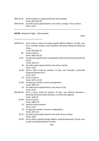685
1823.12-31 - Surto no Douro à carga para Bristol, 143 toneladas.
Fonte: PM 24.01-03
1824.01-09 - Sai a Barra para aquele destino, com vinho, sumagre, fruta e cortiça.
Fonte: id 10
HESTER - Bergantim inglês - 140 toneladas
(871)
1820.05-24 - Entra a Barra, vindo de Londres,capitão William Gibbens, 24 dias, com
ferro, chumbo, queijo e mais fazendas a Bernardo Clamouse Browne &
Comp..
Fonte: FM 20.05-27
26 - Surto no Douro.
Fonte: id30 a 06-10
6-10 - À carga para aquele porto, consignatários Bernardo Clamouse Browne &
Comp..
Fonte: id10 a 17
23 - Sai a Barra para aquele destino com vinho e cortiça.
Fonte: id 24
10-18 - Entra a Barra vindo de Londres, 25 dias, com fazendas a Bernardo
Clamouse Browne & Cº..
Fonte: id 21
23 - Surto no Douro.
Fonte: id27 a 11-04
11-04 - À carga para Londres, mesmo consignatário.
Fonte: id04 a 14
12 - Sai a Barra para aquele destino com vinho e fruta.
Fonte: id 14
1821.04-30 - Entra a Barra vindo de Londres, 32 dias, com diversas fazendas a
Bernardo Clamouse Brown & Comp., rua Nova dos Ingleses.
Fonte: id 05-01
05-04 - Surto no Douro
Fonte: id08 a 19
12 - Destina-se para Londres.
Fonte: id 12
19 - À carga para Londres, mesmos consignatários.
Fonte: id19 a 23
07-01 - Sai a Barra para aquele destino com vinho, fruta e cortiça.
Fonte: id 03
10-20 - Entra a Barra, capitão George Gibbens, vindo de Newcastle, 35 dias, com
carvão a Campbell, Bowden & Taylor.
 