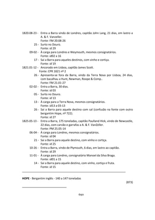690
1820.08-23 - Entra a Barra vindo de Londres, capitão John Lang, 21 dias, em lastro a
A. & F. Vanzeller.
Fonte: FM 20.08-26
25 - Surto no Douro.
Fonte: id 29
09-02 - À carga para Londres e Weymouth, mesmos consignatários.
Fonte: id02 a 16
17 - Sai a Barra para aqueles destinos, com vinho e cortiça.
Fonte: id 19
1821.01-12 - Ancorado em Lisboa, capitão James Scott.
Fonte: CPR 1821 nº 2
26 - Apresenta-se fora da Barra, vindo da Terra Nova por Lisboa, 24 dias,
com bacalhau a Hunt, Newman, Roope & Comp..
Fonte: FM 21.01-27
02-02 - Entra a Barra, 30 dias.
Fonte: id 03
05 - Surto no Douro.
Fonte: id 13
13 - À carga para a Terra Nova, mesmos consignatários.
Fonte: id13 a 03-13
26 - Sai a Barra para aquele destino com sal (confusão na fonte com outro
bergantim Hope, nº 722).
Fonte: id 27
1825.05-13 - Entra a Barra, 175 toneladas, capitão Paulland Hick, vindo de Newcastle,
22 dias, com carvão e garrafas a A. & F. VanZeller.
Fonte: PM 25.05-14
06-04 - À carga para Londres, mesmos consignatários.
Fonte: id 04
21 - Sai a Barra para aquele destino, com vinho e cortiça.
Fonte: id 25
10-26 - Entra a Barra, vindo de Plymouth, 6 dias, em lastro ao capitão.
Fonte: id 29
11-01 - À carga para Londres, consignatário Manoel da Silva Braga.
Fonte: id01 a 15
14 - Sai a Barra para aquele destino, com vinho, cortiça e fruta.
Fonte: id 15
HOPE - Bergantim inglês - 140 a 147 toneladas
(873)
 