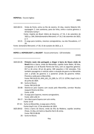 694
HOPEFULL - Escuna inglesa
(880)
1823.08-31 - Vinda do Porto, entra no Rio de Janeiro, 41 dias, mestre Roberto Hill,
equipagem 7, com azeitonas, pano de linho, vinho e outros géneros a
Ormerod e Comp.ª.
Fonte: Império do Brasil. Diário do Governo, n.º 53, 2 de setembro de
1823, p. 264; DiárioSemanário Mercantil, n.º 14, 3 de setembro de 1823,
p. 3.
10-15 - À carga para Londres, mesmos consignatários, rua dos Pescadores, n.º
24.
Fonte: Semanário Mercantil, n.º 20, 15 de outubro de 1823, p. 3.
_______________________________________________________________________
HOPES ou HOPSDELIGHT ou DILLIGHT - Escuna americana - 120 toneladas
(1542)
1824.04-28 - Primeiro navio não português a chegar à barra do Douro vindo do
Brasil.Entra a barra, vinda do Maranhão, capitão Izaías Baker, 40 dias,
consignada a A. & Ricardo Pereira de Faria, com os seguintes géneros:
817 sc de arroz; 20 pn de goma; 100 vaquetas e 132 atanados. Trás
também passageiros e notícias sobre a situação de guerra no Maranhão
com a prisão do governo e a posterior prisão do governo militar.
Prevista a saída para o Maranhão.
Fonte: PM 24.05-01; AHU_ACL_CU_009, Cx. 177, D. 12794; Lloyd´s List, 4
de junho de 1824.
30 - Surta no Douro.
Fonte: PM 24.05-04
05-08 - Destina-se para Cayena com escala pelo Maranhão, corretor Nicolau
Joaquim Pereira da Silva.
Fonte: id 08
22 - À carga para Cayenne, mesmo consignatário.
Fonte: id22 a 06-15
06-17 - Sai a Barra para Cayena com sal e vinho.
Fonte: id 19
07-15 - Surta no Maranhão, à carga para o Porto.
Fonte:Lloyd´s List, 17 de setembro de 1824.
1825.08-02 - Entra a barra do Douro, vinda da Ilha da Madeira, capitão Jonathas
Chase, 11 dias, em lastro a Quarles Harris & comp..
Fonte: PM 25.08-06
26 - Surta no Douro.
 