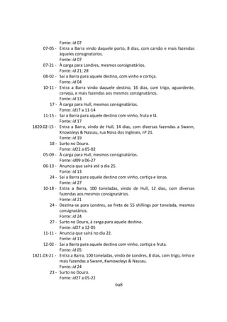 698
Fonte: id 07
07-05 - Entra a Barra vindo daquele porto, 8 dias, com carvão e mais fazendas
àqueles consignatários.
Fonte: id 07
07-21 - À carga para Londres, mesmos consignatários.
Fonte: id 21; 28
08-02 - Sai a Barra para aquele destino, com vinho e cortiça.
Fonte: id 04
10-11 - Entra a Barra vindo daquele destino, 16 dias, com trigo, aguardente,
cerveja, e mais fazendas aos mesmos consignatários.
Fonte: id 13
17 - À carga para Hull, mesmos consignatários.
Fonte: id17 a 11-14
11-15 - Sai a Barra para aquele destino com vinho, fruta e lã.
Fonte: id 17
1820.02-15 - Entra a Barra, vindo de Hull, 14 dias, com diversas fazendas a Swann,
Knowsleys & Nassau, rua Nova dos Ingleses, nº 21.
Fonte: id 19
18 - Surto no Douro.
Fonte: id22 a 05-02
05-09 - À carga para Hull, mesmos consignatários.
Fonte: id09 a 06-27
06-13 - Anuncia que sairá até o dia 25.
Fonte: id 13
24 - Sai a Barra para aquele destino com vinho, cortiça e lonas.
Fonte: id 27
10-18 - Entra a Barra, 100 toneladas, vindo de Hull, 12 dias, com diversas
fazendas aos mesmos consignatários.
Fonte: id 21
24 - Destina-se para Londres, ao frete de 55 shillings por tonelada, mesmos
consignatários.
Fonte: id 24
27 - Surto no Douro, à carga para aquele destino.
Fonte: id27 a 12-05
11-11 - Anuncia que sairá no dia 22.
Fonte: id 11
12-02 - Sai a Barra para aquele destino com vinho, cortiça e fruta.
Fonte: id 05
1821.03-21 - Entra a Barra, 100 toneladas, vindo de Londres, 8 dias, com trigo, linho e
mais fazendas a Swann, Kwnowsleys & Nassau.
Fonte: id 24
23 - Surto no Douro.
Fonte: id27 a 05-22
 
