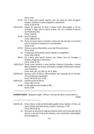 710
Fonte: id 01
03-16 - Sai a Barra para aquele destino, com sal, pano de linho, ferragem,
chapéus, bacalhau e azeite, chegando a salvamento.
Fonte: id 18; 07-04
1821.04-30 - Depois de regressar do Pará a Lisboa, onde descarregou, e de ter
arribado a Vigo, entra a Barra, 8 dias, com sal a António Francisco
Guimarães & Comp..
Fonte: id 05-01
05-04 - Surto no Douro.
Fonte: id08 a 07-10
29 - Posto em praça «para se rematar a quem por ele mais der e no mesmo
acto se mostrará o inventário e a sua avaliação».
Fonte: id 29
07-03 - Destina-se para o Maranhão, «a sair até 25 do corrente».
Fonte: id 03
10 - À carga para o Maranhão, mesmo capitão e consignatário.
Fonte: id10 a 08-18
08-16 - Sai a Barra para aquele destino, por Lisboa, com sal, ferragens e
chapéus, chegando a salvamento.
Fonte: id 18; 12-15.
>1822.03-15- Tendo como senhorio e caixa António Francisco Guimarães e mestre
Manuel Martins dos Santos, Autorizado a navegar do Porto para o Brasil,
como Inocência.
Fonte: AHU_ACL_CU_003, Cx. 44, D. 3601.
1824.03-19 - Aparece surto no Douro, 160 toneladas, sem indicação de ter entrado.
Terá entrado para reparação?
Fonte: PM 24.03-23 a 12-28
1825.01.01 - Continua surto no Douro.
Fonte: id01 a 11-01
11-08 - Já não aparece mencionado no PM.
Fonte: id 08
INTREPID PACKET - Bergantim inglês - 140 ton., «forrado de cobre e muito veleiro».
(1566)
1824.05-18 - Entra a Barra, vindo de Amsterdam,capitão James Gordon, 12 dias, em
lastro a Pedro José Alves Souto, rua de S. Francisco, n.º 18.
Fonte: PM 24.05-18
22 - Avisa que se encontra à carga para Buenos-Ayres com escala pelo Rio de
Janeiro, a sair até 15 de junho próximo, com «excelentes acomodações
para passageiros».
 