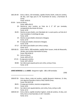 719
1821.04-30 - Entra a Barra, 133 toneladas, capitão Charles Smith, vindo de Londres,
36 dias, com trigo para D. M. Feuerheerd & Comp. a Burmester &
Comp..
Fonte: id 05-01
05-04 - Surto no Douro.
Fonte: id08 a 06-23
29 - Destina-se para Londres ao frete de £ 2" 10" por tonelada,
consignatários Burmester & Comp..
Fonte: id 29
06-05 - Destina-se para Dublin, com liberdade de ir a outro porto, ao frete de £
3 por tonelada e 3 schelings de capa.
Fonte: id 05
19 - Destina-se para Dublin, Greenock e Glasgow.
Fonte: id 19
30 - À carga para Dublin, Greenock e Glasgow.
Fonte: id 30
07-17 - Sai a Barra para Dublin com vinho e cortiça.
Fonte: id 21
1824.06-21 - Entra a Barra, 100 toneladas, capitão Peter Lausan, vindo de Newcastle,
18 dias, com carvão a Burmester & Comp..
Fonte: PM 24.06-22
25 - Surto no Douro.
Fonte: id29 a 07-13
07-23 - À carga para Londres.
Fonte: id27 a 08-10
08-08 - Sai a Barra para aquele porto com vinho, cortiça e fruta.
Fonte: id 10
JAMES BERRIDGE ou só JAMES - Bergantim inglês - 180 a 190 toneladas
(558)
1818.07-26 - Entra a Barra, vindo de Londres, capitão Benjamin Anderson, 11 dias,
com algumas fazendas e lastro a Hely Todd & Comp..
Fonte: FM 18.07-28
08-01 - À carga para Londres, mesmos consignatários.
Fonte: id 01
09-11 - Sai a Barra com aquele destino, com vinho, fruta, cortiça e café.
Fonte: id 12
1820.03-10 - Entra a Barra, capitão Jonathan Ingham, vindo de Londres, 15 dias, com
linho, ferro e mais fazendas a A. & F. Vanzeller.
Fonte: id 11
 