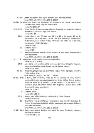 734
07-24 - Obtém passaporte para seguir do Porto para o Rio de Janeiro.
Fonte: AHU_ACL_CU_017, Cx. 278, D. 19367
08-24 - Sai a barra do Douro com destino ao Rio de Janeiro, por Lisboa, capitão João
Luís de Castro tendo chegado com 40 dias.
Fonte: FM 18.01.27
1818.02-14 - Vindo do Rio de Janeiro para o Porto, depois de ter «existido n'altura
desta Barra», arribou a Vigo, com 64 dias.
Fonte: id02-24
03-04 - Entra a barra, com 77 dias, com 43 cx e 13 fx de açúcar, 14 pp de
aguardente, 264 sc de arroz, 1 sc de café, 4 bc de melaço, 2653 couros
de boi secos, 6331 chifres de boi, 400 m de sola, 57 bc e 3 cx de unto,
consignados a Pedro Zignago.
Fonte: id 03-07
10 - Surto no Douro.
Fonte: id 10
13 - Mesmo senhorio e mestre, obtém passaporte para seguir do Porto para
o Rio de Janeiro.
Fonte: AHU_ACL_CU_017, Cx. 279, D. 19509
14 - À carga para o Rio de Janeiro, mesmo consignatário.
Fonte: id 03-14 a 04-04
04-05 - Sai a barra com aquele destino com pano de linho, ferragem, chapéus,
presunto e bacalhau, onde chegou com 68 dias de viagem.
Fonte: id 07; 09-01
08-21 - De construção portuguesa, o senhorio é agora Pedro Zignago e o mestre
Pedro José da Silva.
Fonte: AHU_ACL_CU_017, Cx. 280, D. 19582
09-16 - Entra a Barra, 100 toneladas, vindo do Rio de Janeiro, 56 dias, mesmo
consignatário, com os seguintes géneros: 30 cx, 15 fx e 2 cr de açúcar;
310 sc de arroz; 40 sc de café; 22 sc de farinha; 32 sc de milho; 2.787
couros de boi; 6.905 chifres de boi; 4 bc de goma; 1 cun de doce; 10 bl
de unto e 58 pp de aguardente.
Fonte:FM 18.09-19
26 - Surto no Douro.
Fonte: id26 a 10-03
10-10 - À carga para o Rio de Janeiro, consignatário Pedro Zignago.
Fonte: id10 a 12-08
31 - O senhorio volta a ser Manuel Fernandes de Sá e o mestre João Luís de
Castro, denominado João Bull, obtém passaporte para seguir do Porto
para o Rio de Janeiro.
Fonte: AHU_ACL_CU_017, Cx. 280, D. 19619
12-13 - Sai a Barra com aquele destino com pano de linho, ferragem, chapéus,
bacalhau e azeitona.
Fonte: FM 18.12-15
 
