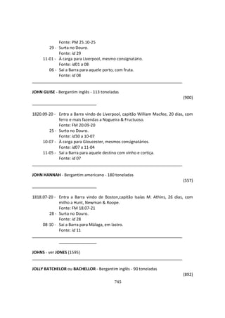 745
Fonte: PM 25.10-25
29 - Surta no Douro.
Fonte: id 29
11-01 - À carga para Liverpool, mesmo consignatário.
Fonte: id01 a 08
06 - Sai a Barra para aquele porto, com fruta.
Fonte: id 08
JOHN GUISE - Bergantim inglês - 113 toneladas
(900)
1820.09-20 - Entra a Barra vindo de Liverpool, capitão William Macfee, 20 dias, com
ferro e mais fazendas a Nogueira & Fructuoso.
Fonte: FM 20.09-20
25 - Surto no Douro.
Fonte: id30 a 10-07
10-07 - À carga para Gloucester, mesmos consignatários.
Fonte: id07 a 11-04
11-05 - Sai a Barra para aquele destino com vinho e cortiça.
Fonte: id 07
JOHN HANNAH - Bergantim americano - 180 toneladas
(557)
1818.07-20 - Entra a Barra vindo de Boston,capitão Isaías M. Athins, 26 dias, com
milho a Hunt, Newman & Roope.
Fonte: FM 18.07-21
28 - Surto no Douro.
Fonte: id 28
08-10 - Sai a Barra para Málaga, em lastro.
Fonte: id 11
JOHNS - ver JONES (1595)
JOLLY BATCHELOR ou BACHELLOR - Bergantim inglês - 90 toneladas
(892)
 