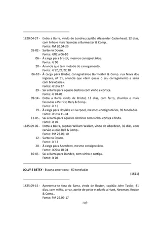 746
1820.04-27 - Entra a Barra, vindo de Londres,capitão Alexander Cadenhead, 12 dias,
com linho e mais fazendas a Burmester & Comp..
Fonte: FM 20.04-29
05-02 - Surto no Douro.
Fonte: id02 a 06-10
06 - À carga para Bristol, mesmos consignatários.
Fonte: id 06
20 - Anuncia que tem metade do carregamento.
Fonte: id 20;23;27;30
06-10 - À carga para Bristol, consignatários Burmester & Comp. rua Nova dos
Ingleses, nº 51, anuncia que «tem quase o seu carregamento e sairá
com brevidade».
Fonte: id10 a 27
29 - Sai a Barra para aquele destino com vinho e cortiça.
Fonte: id 07-01
09-14 - Entra a Barra vindo de Bristol, 13 dias, com ferro, chumbo e mais
fazendas a Patrício Hely & Comp..
Fonte: id 16
19 - À carga para Hoylake e Liverpool, mesmos consignatários, 96 toneladas.
Fonte: id19 a 11-04
11-05 - Sai a Barra para aqueles destinos com vinho, cortiça e fruta.
Fonte: id 07
1825.09-06 - Entra a Barra, capitão William Walker, vindo de Aberdeen, 36 dias, com
carvão a João Bell & Comp..
Fonte: PM 25.09-10
12 - Surto no Douro.
Fonte: id 17
20 - À carga para Aberdeen, mesmo consignatário.
Fonte: id20 a 10-04
10-05 - Sai a Barra para Dundee, com vinho e cortiça.
Fonte: id 08
JOLLY E BETSY - Escuna americana - 60 toneladas
(1611)
1825.09-15 - Apresenta-se fora da Barra, vinda de Boston, capitão John Taylor, 41
dias, com milho, arroz, azeite de peixe e aduela a Hunt, Newman, Roope
& Comp..
Fonte: PM 25.09-17
 