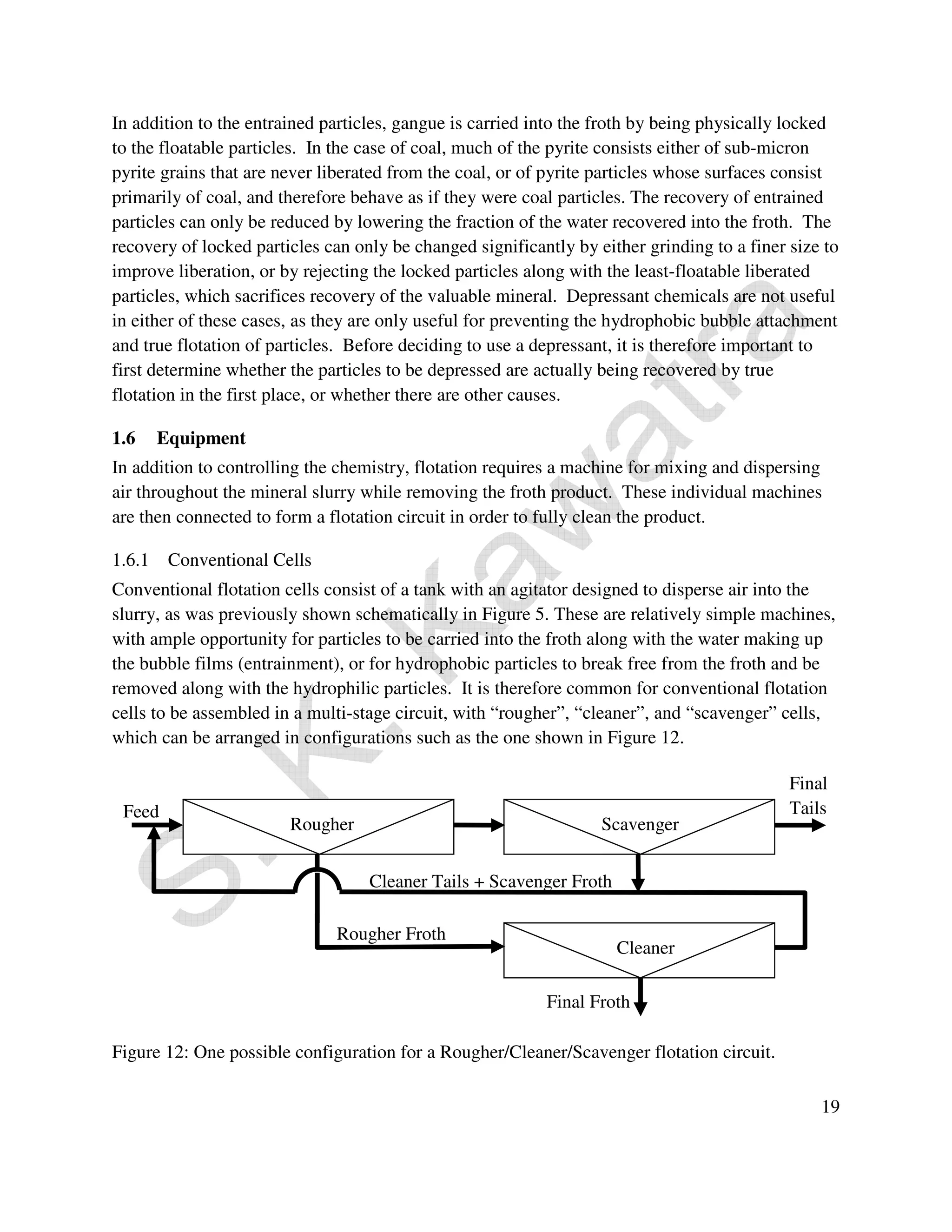 In addition to the entrained particles, gangue is carried into the froth by being physically locked 
to the floatable particles. In the case of coal, much of the pyrite consists either of sub-micron 
pyrite grains that are never liberated from the coal, or of pyrite particles whose surfaces consist 
primarily of coal, and therefore behave as if they were coal particles. The recovery of entrained 
particles can only be reduced by lowering the fraction of the water recovered into the froth. The 
recovery of locked particles can only be changed significantly by either grinding to a finer size to 
improve liberation, or by rejecting the locked particles along with the least-floatable liberated 
particles, which sacrifices recovery of the valuable mineral. Depressant chemicals are not useful 
in either of these cases, as they are only useful for preventing the hydrophobic bubble attachment 
and true flotation of particles. Before deciding to use a depressant, it is therefore important to 
first determine whether the particles to be depressed are actually being recovered by true 
flotation in the first place, or whether there are other causes. 
1.6 Equipment 
In addition to controlling the chemistry, flotation requires a machine for mixing and dispersing 
air throughout the mineral slurry while removing the froth product. These individual machines 
are then connected to form a flotation circuit in order to fully clean the product. 
1.6.1 Conventional Cells 
Conventional flotation cells consist of a tank with an agitator designed to disperse air into the 
slurry, as was previously shown schematically in Figure 5. These are relatively simple machines, 
with ample opportunity for particles to be carried into the froth along with the water making up 
the bubble films (entrainment), or for hydrophobic particles to break free from the froth and be 
removed along with the hydrophilic particles. It is therefore common for conventional flotation 
cells to be assembled in a multi-stage circuit, with “rougher”, “cleaner”, and “scavenger” cells, 
which can be arranged in configurations such as the one shown in Figure 12. 
19 
Rougher Scavenger 
Cleaner 
Cleaner Tails + Scavenger Froth 
Rougher Froth 
Feed 
Final Froth 
Figure 12: One possible configuration for a Rougher/Cleaner/Scavenger flotation circuit. 
Final 
Tails 
 