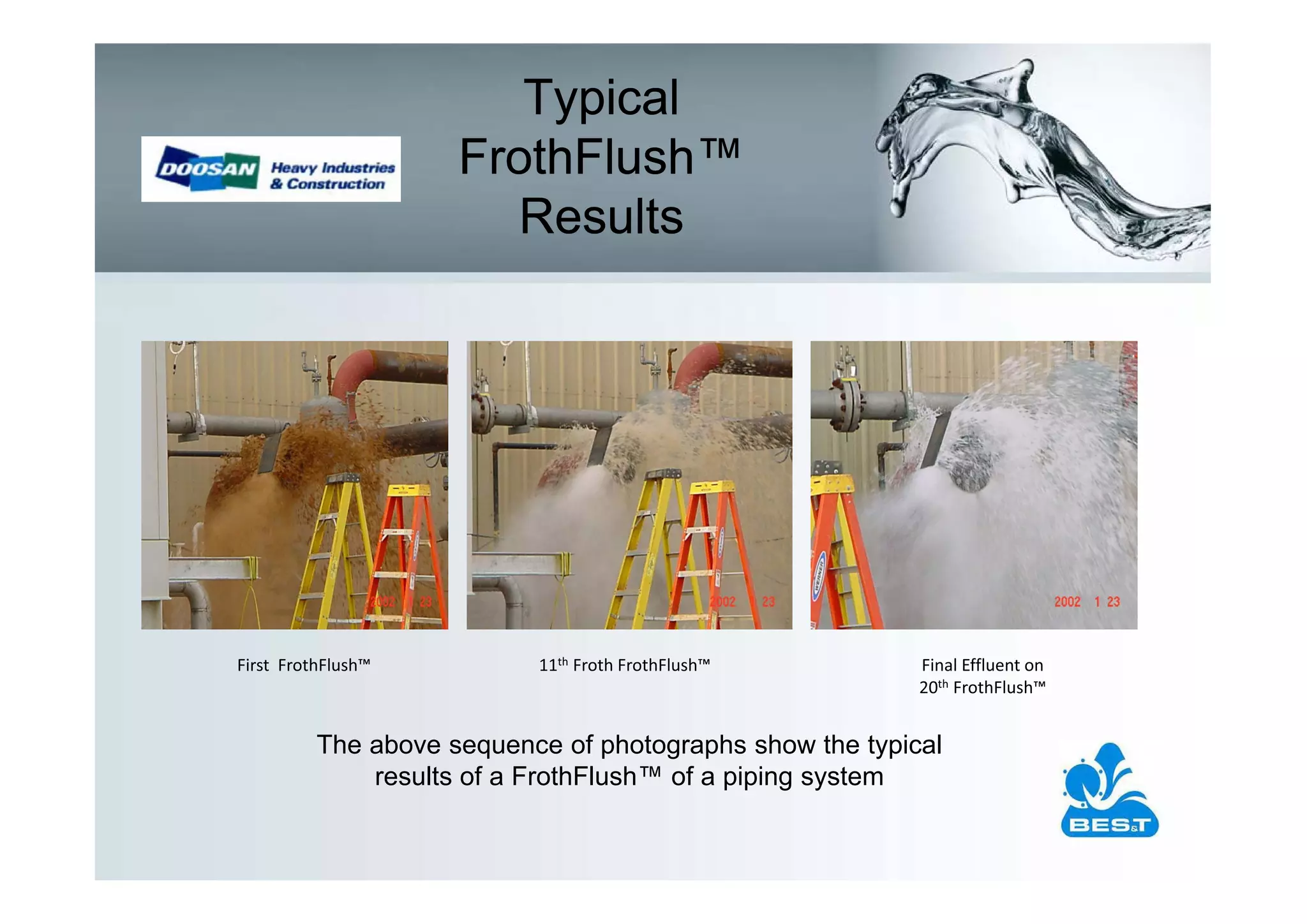 Typical
                     FrothFlush™
                        Results




First FrothFlush™          11th Froth FrothFlush™         Final Effluent on
                                                          20th FrothFlush™


          The above sequence of photographs show the typical
              results of a FrothFlush™ of a piping system
 